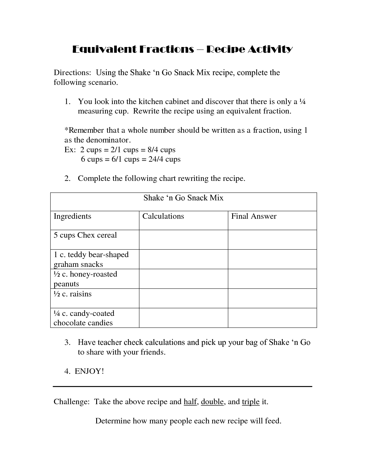 Recipes with Fractions Worksheets