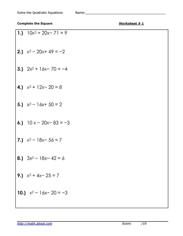 Solving Quadratic Equations Worksheet