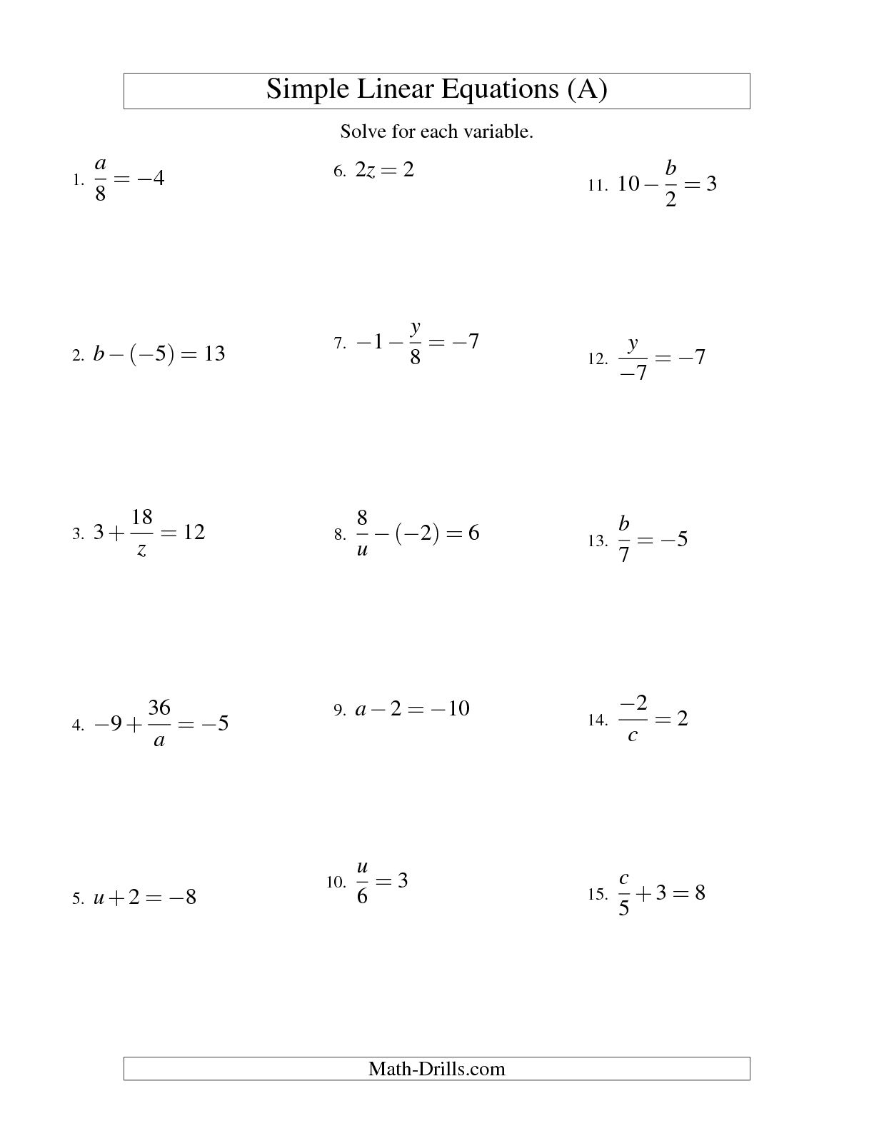 Solving Two-Step Linear Equations Worksheets