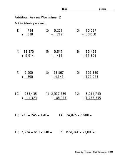 Addition Review Worksheets