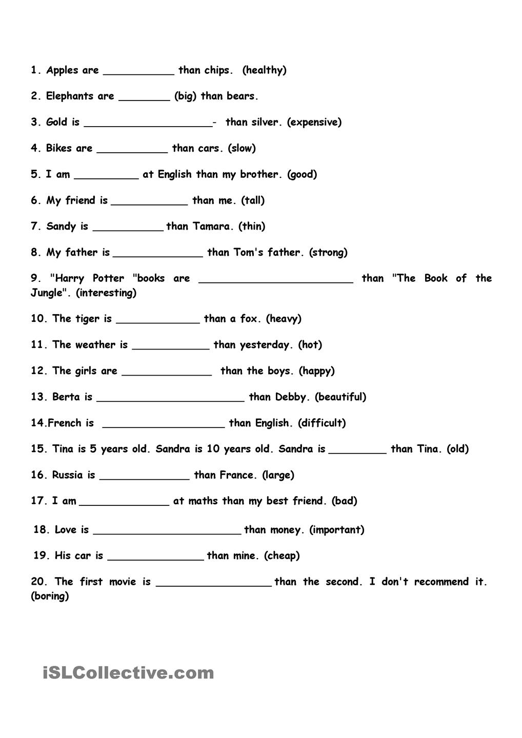 Comparison Adjectives Worksheets