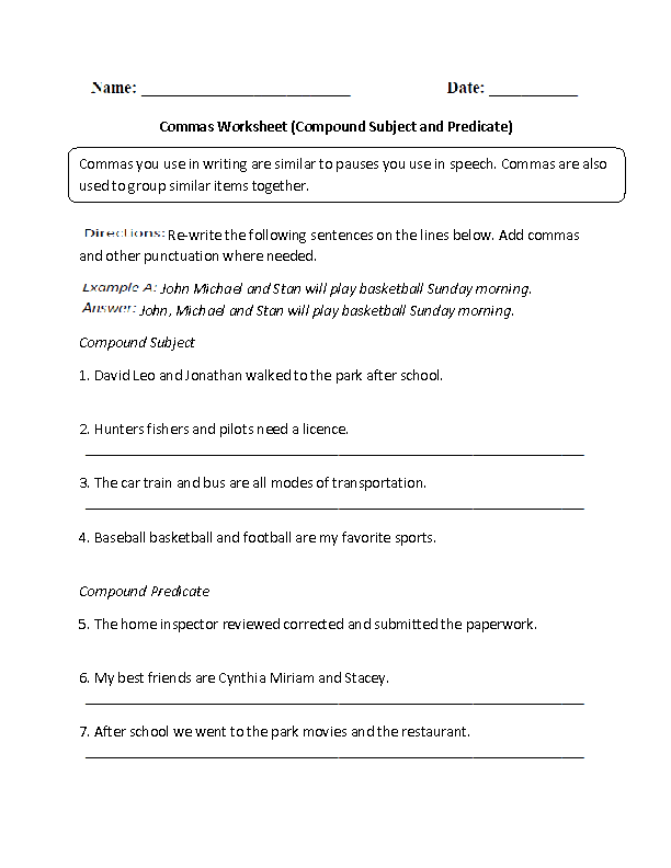 Compound Subjects and Predicates Worksheets 3rd Grade