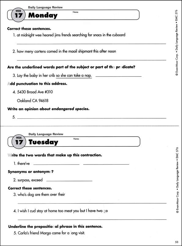 Printable Daily Oral Language Worksheets 5th Grade