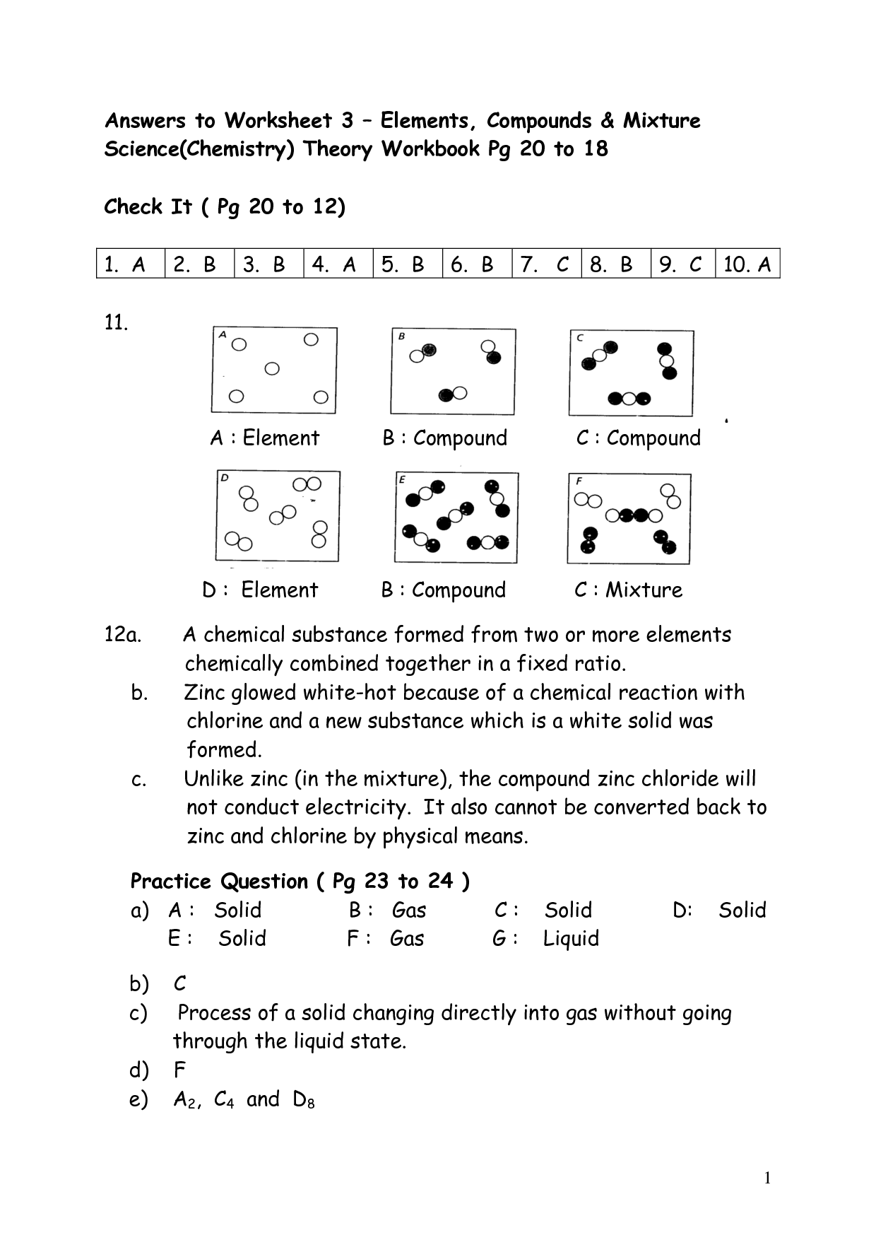 Elements Compounds and Mixtures Worksheet Answers