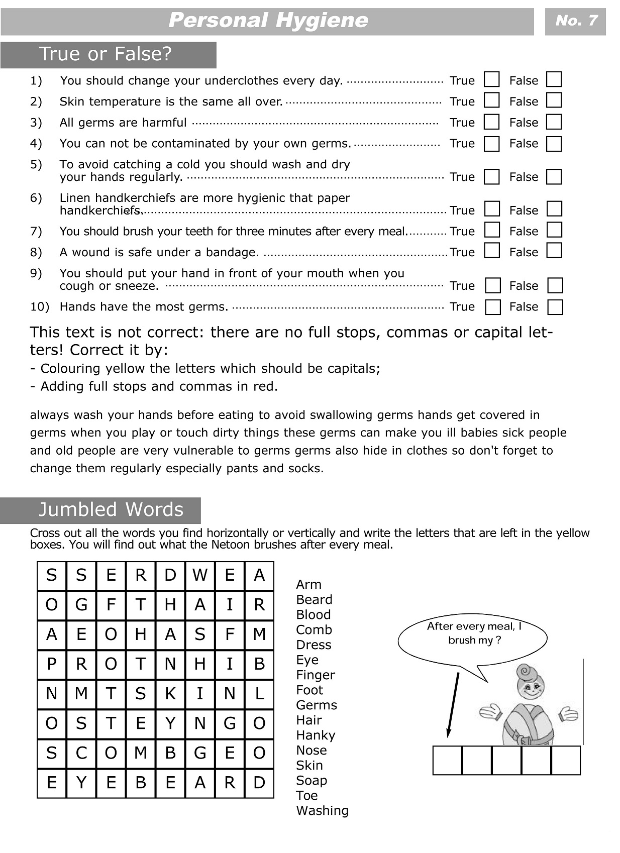 Personal Hygiene Activities for Kids Worksheets