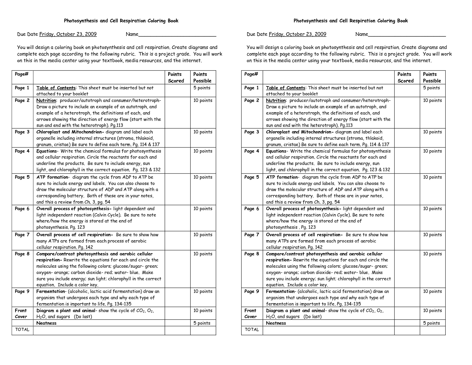 Photosynthesis and Cellular Respiration Coloring Sheet