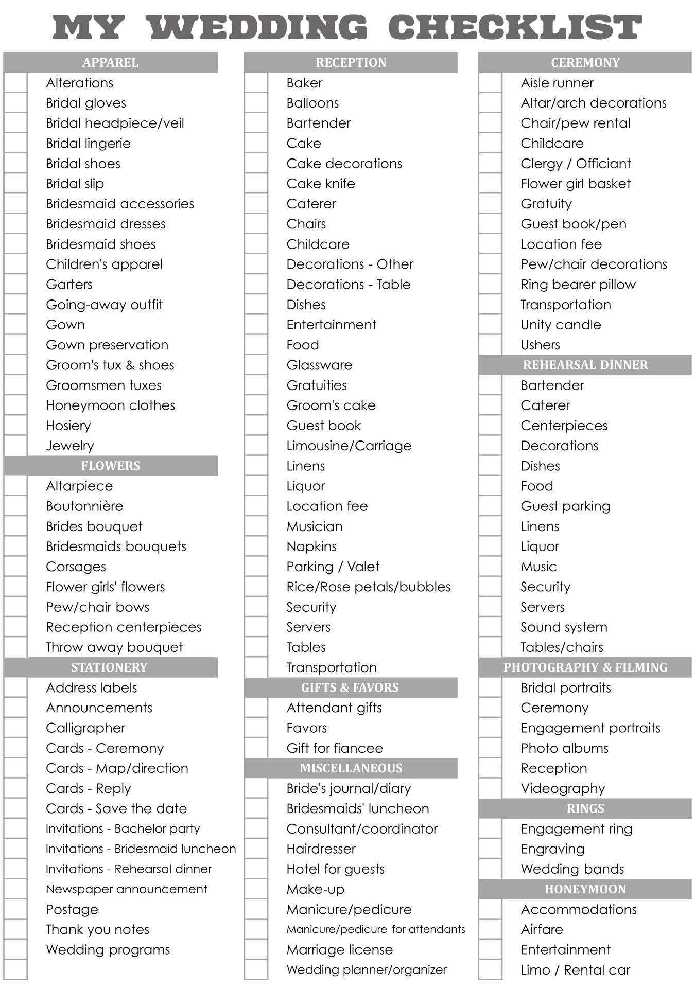 Wedding Ceremony Checklist Worksheet