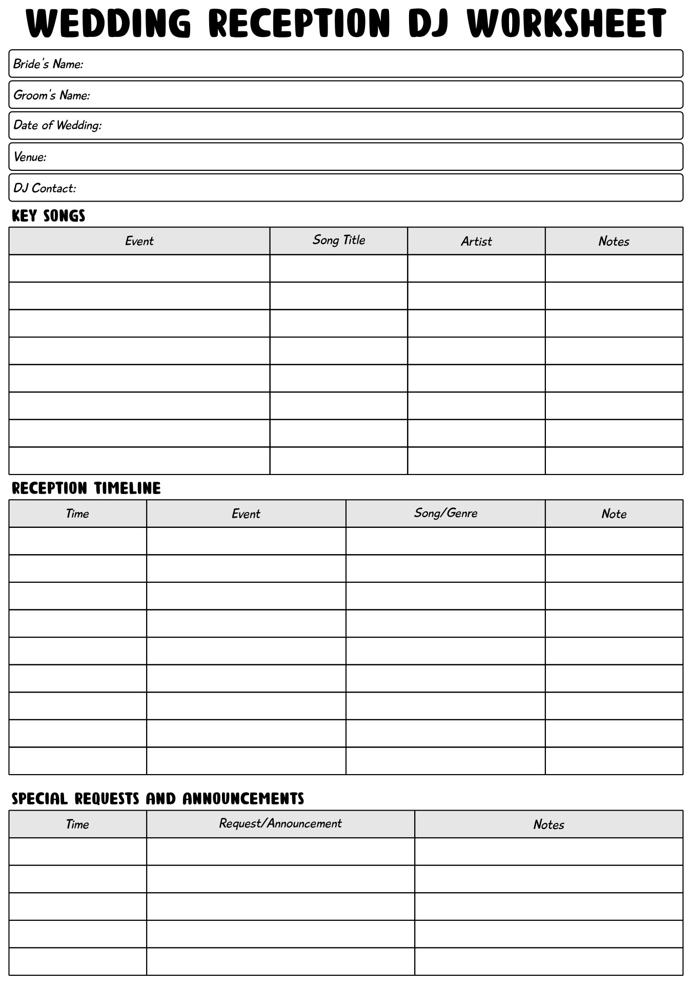 Wedding Reception DJ Worksheet