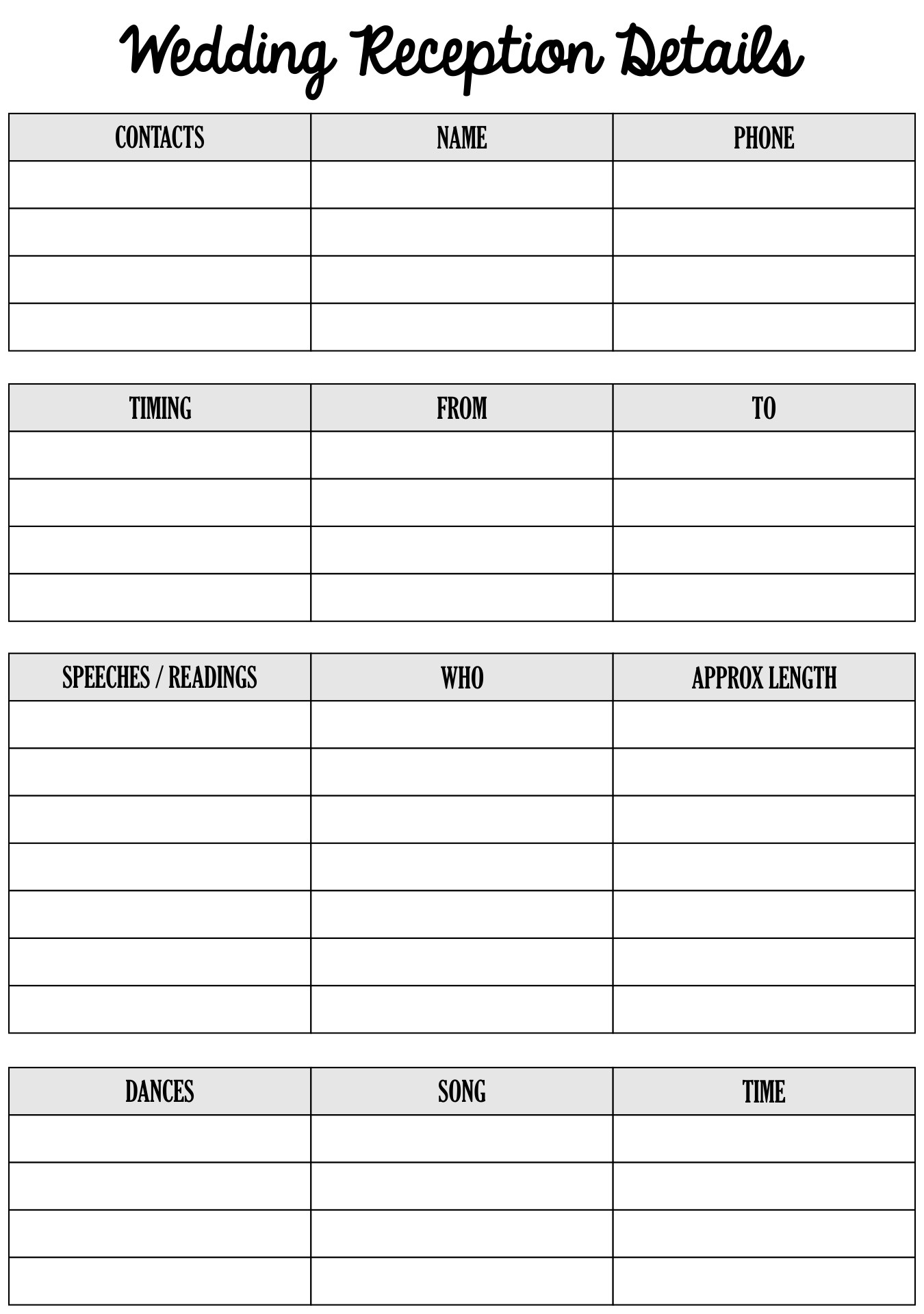 Wedding Reception Planning Worksheets