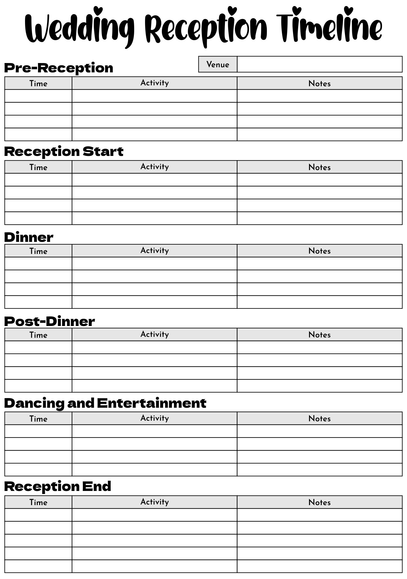 Wedding Reception Timeline Worksheet