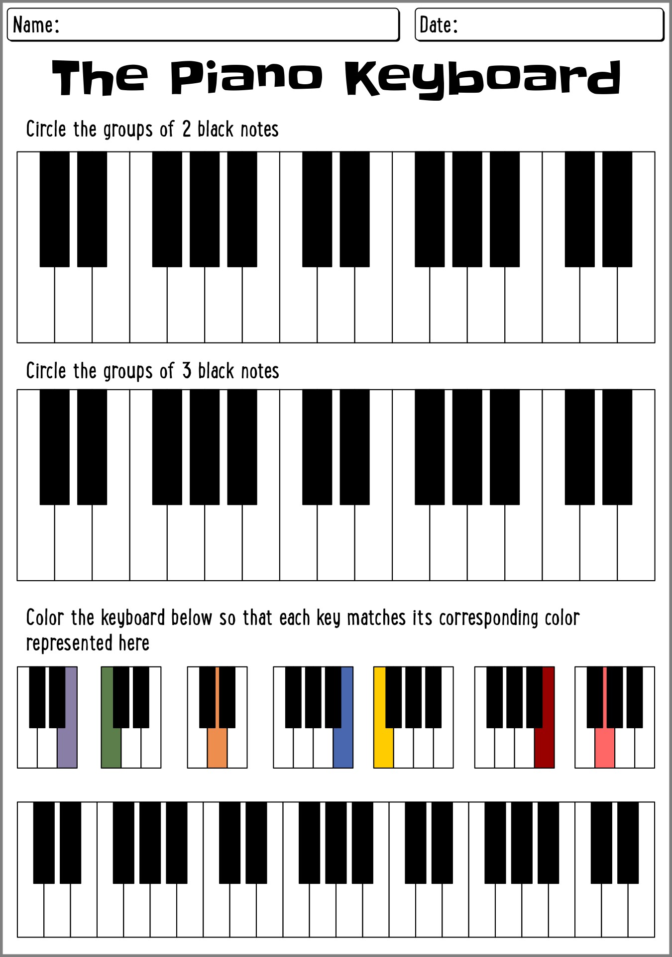 Beginner Piano Keyboard Practice Worksheet