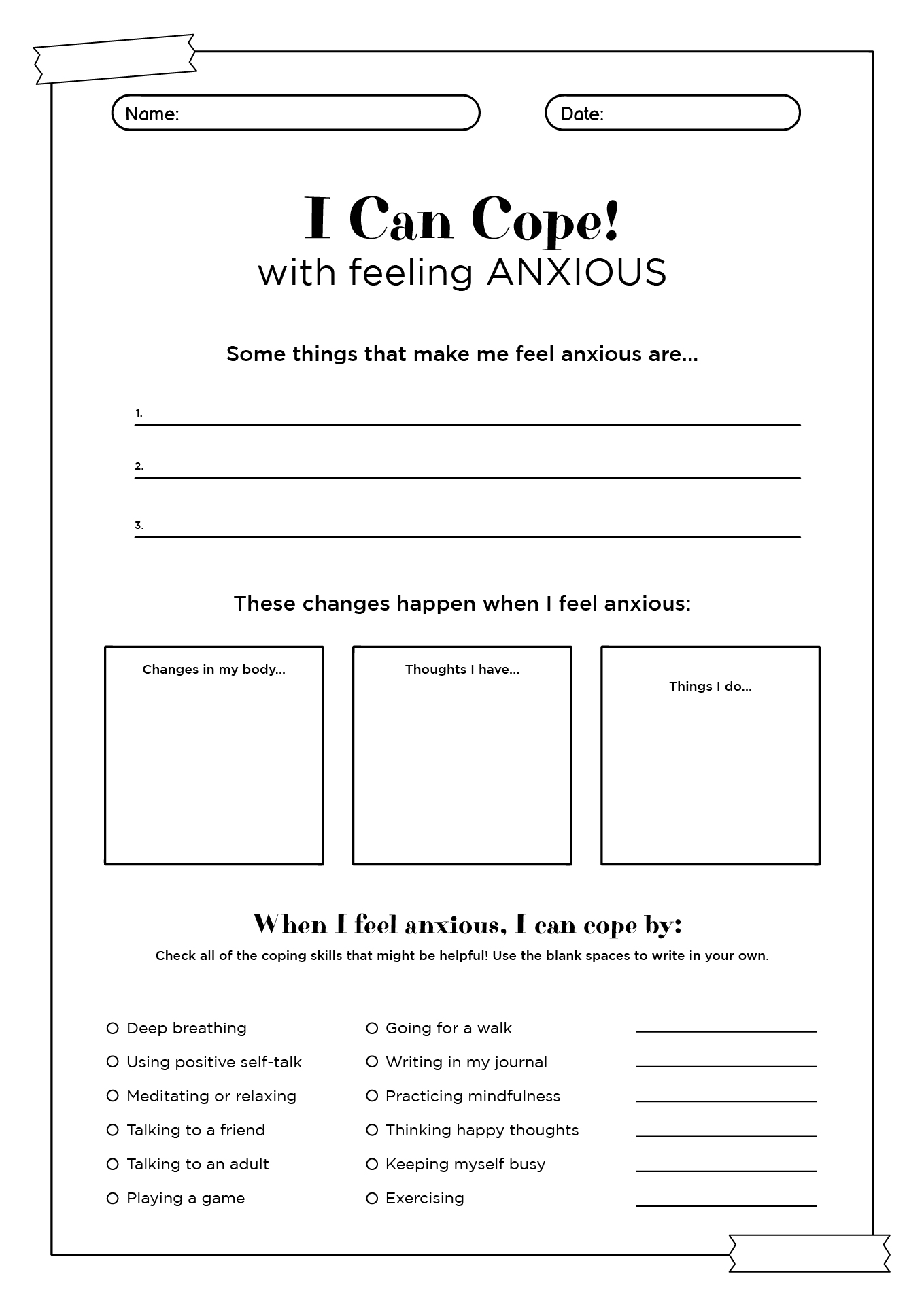 Coping Skills Worksheets for Anxiety