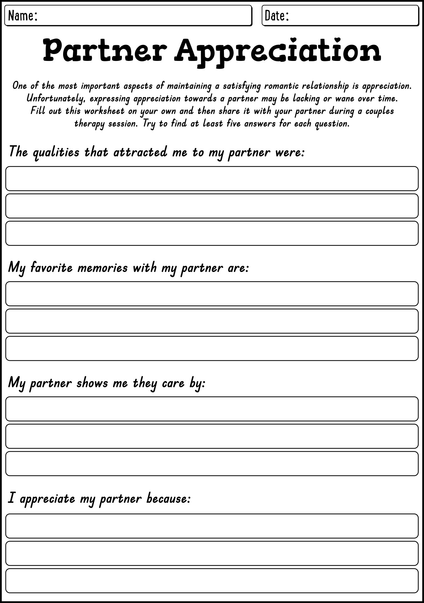 Couples Therapy Exercises Printable Worksheets