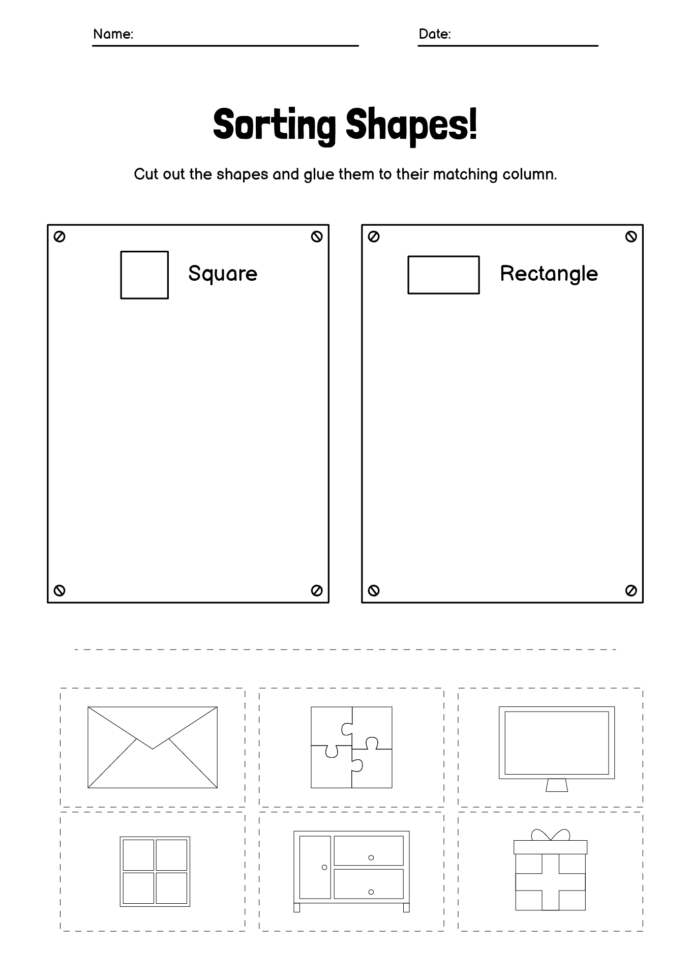 Kindergarten Cut and Paste Shape Classification Worksheets