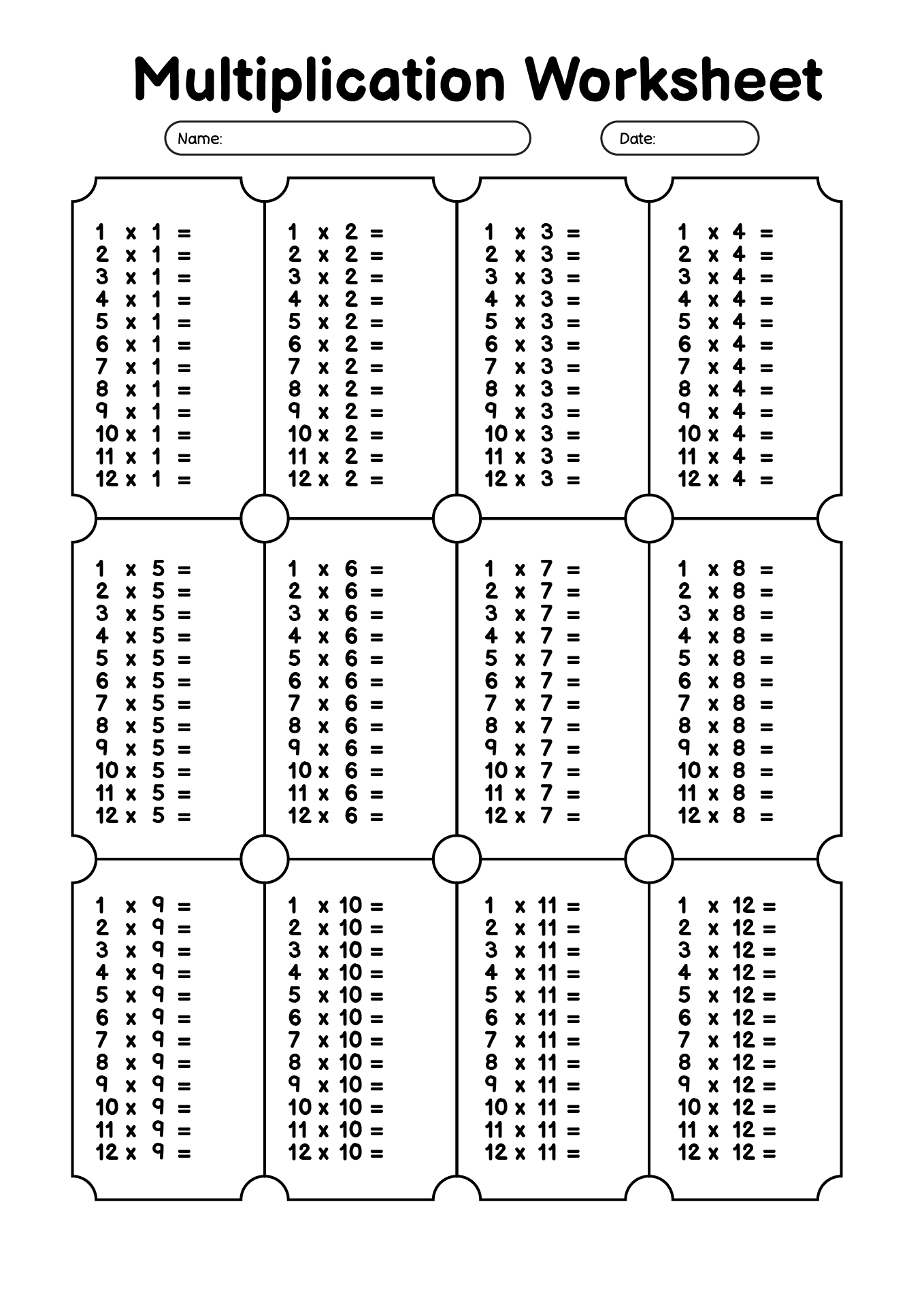 Multiplication Table Chart Up to 12 Worksheet