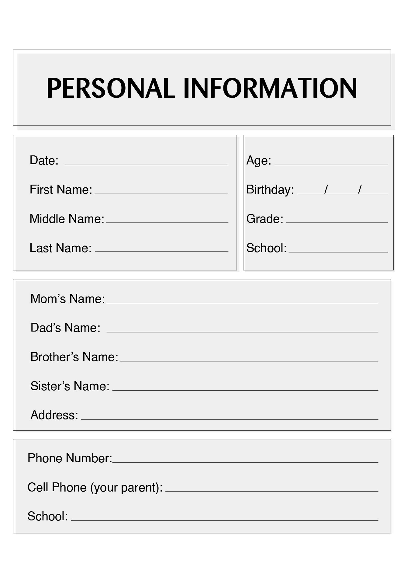 Personal Information Sheets for Kids