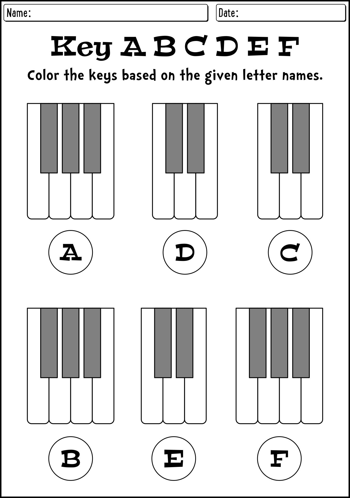Piano Keyboard Note Identification Worksheet