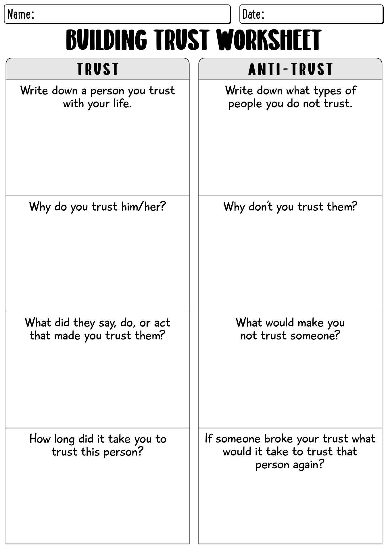 Printable Trust Building Worksheets For Relationships