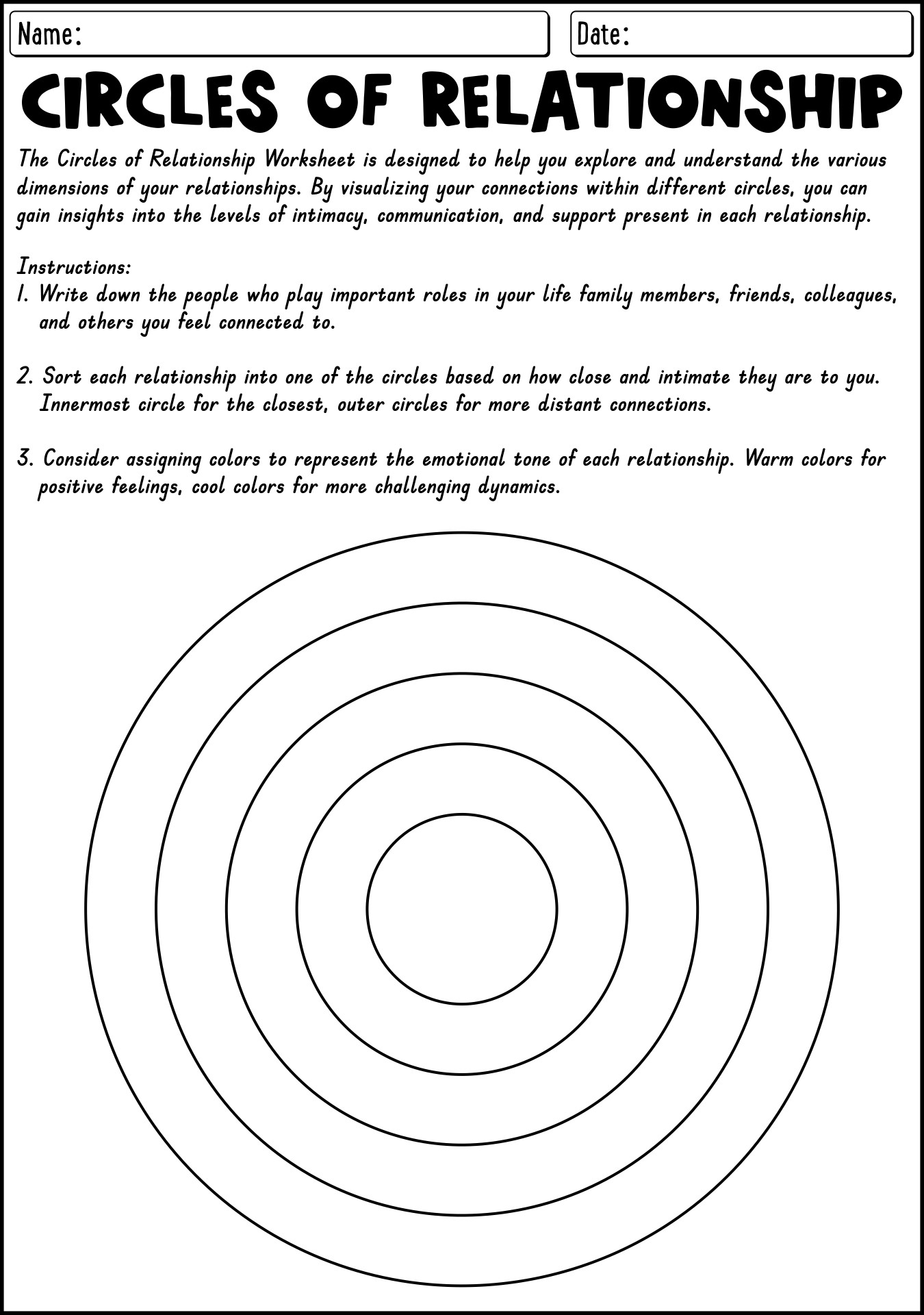 Relationship Circles Worksheet For Adults