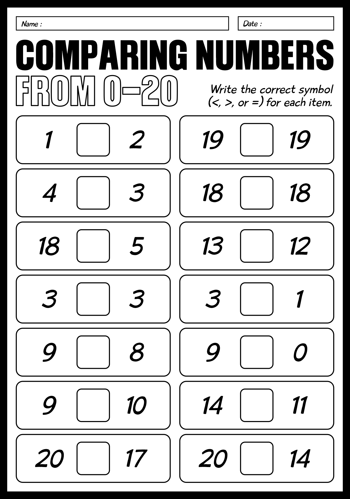 1st Grade Worksheets on Number Comparison