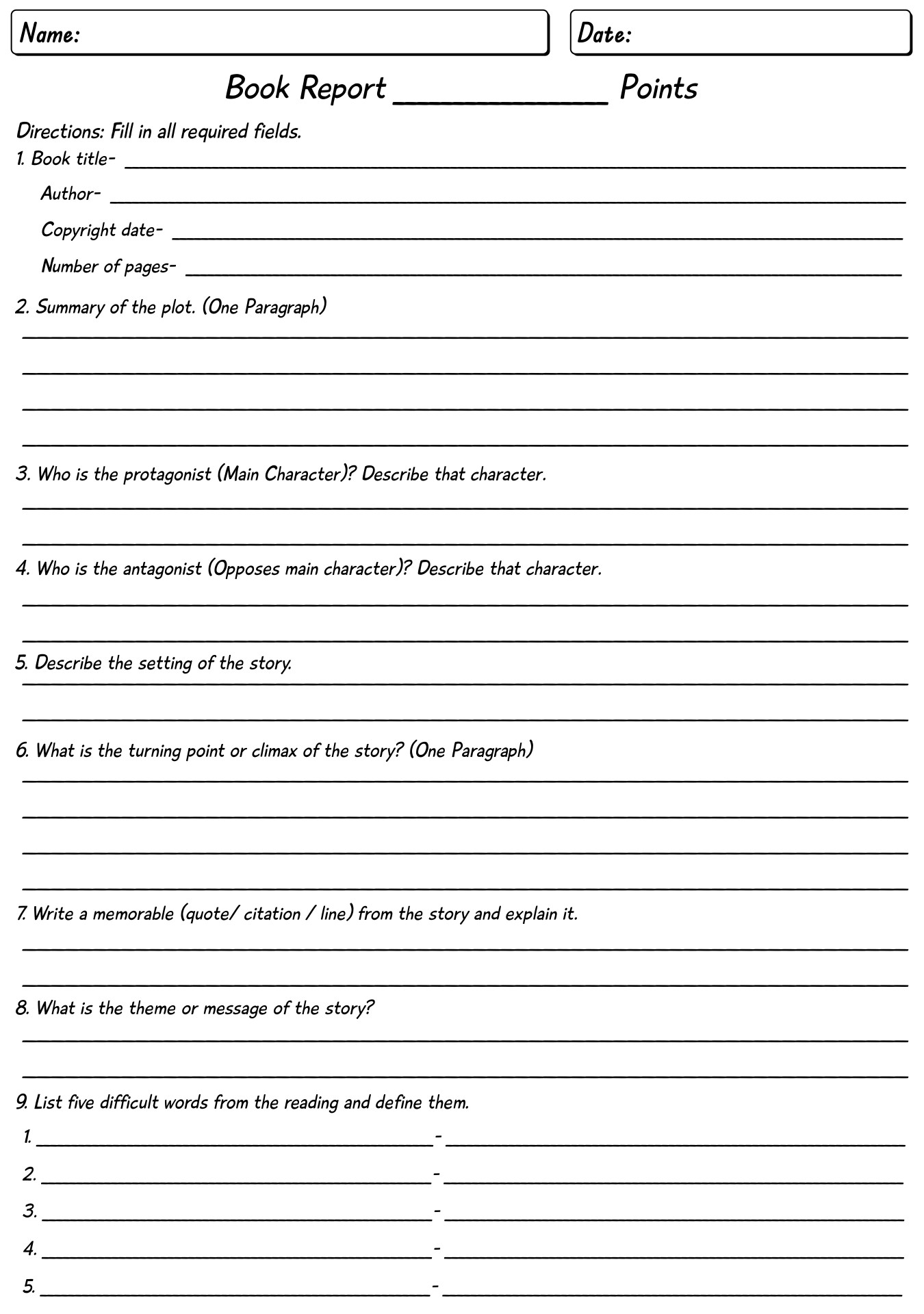 4th Grade Reading Comprehension Book Report Worksheets