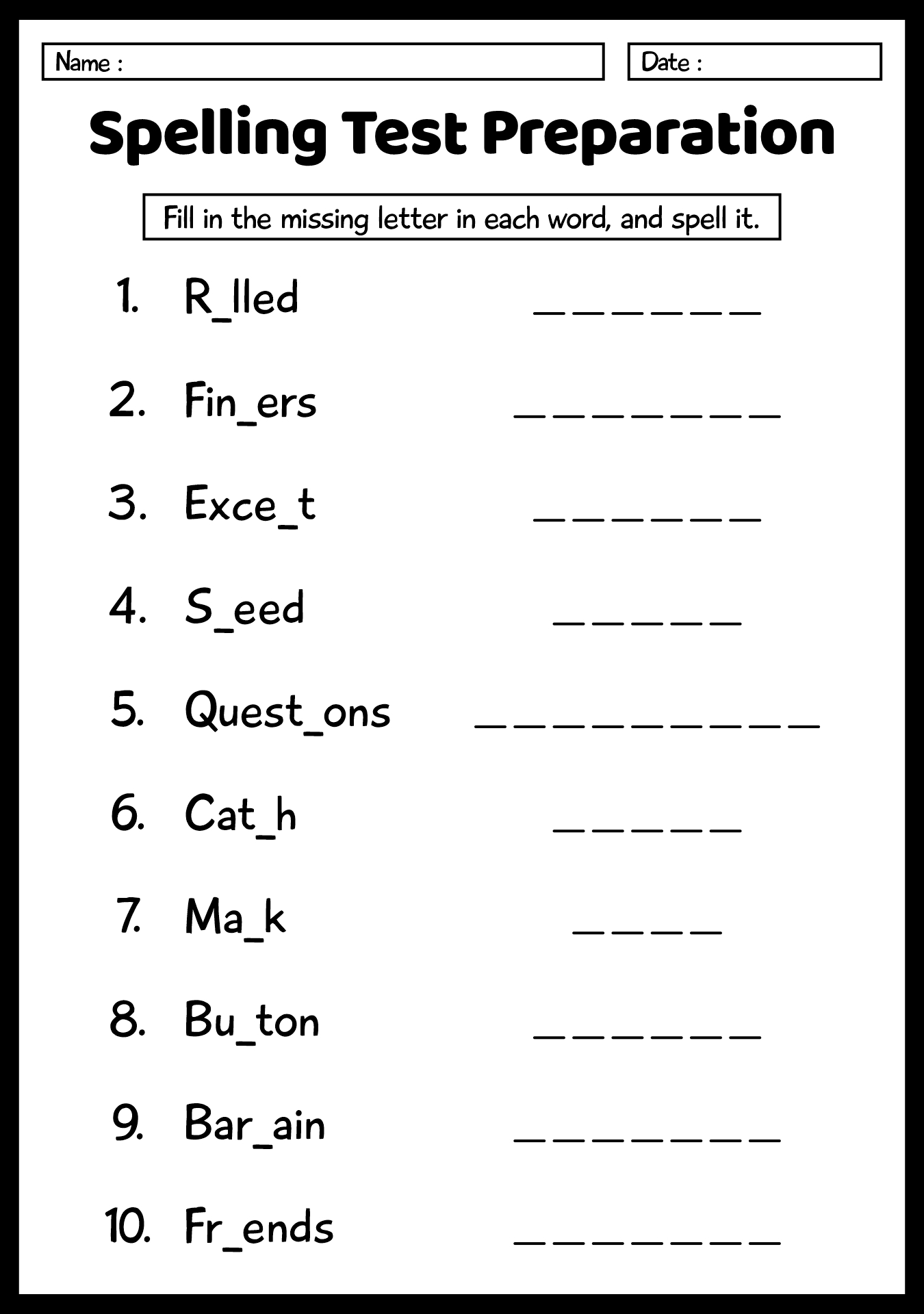 4th Grade Spelling Test Preparation Worksheets