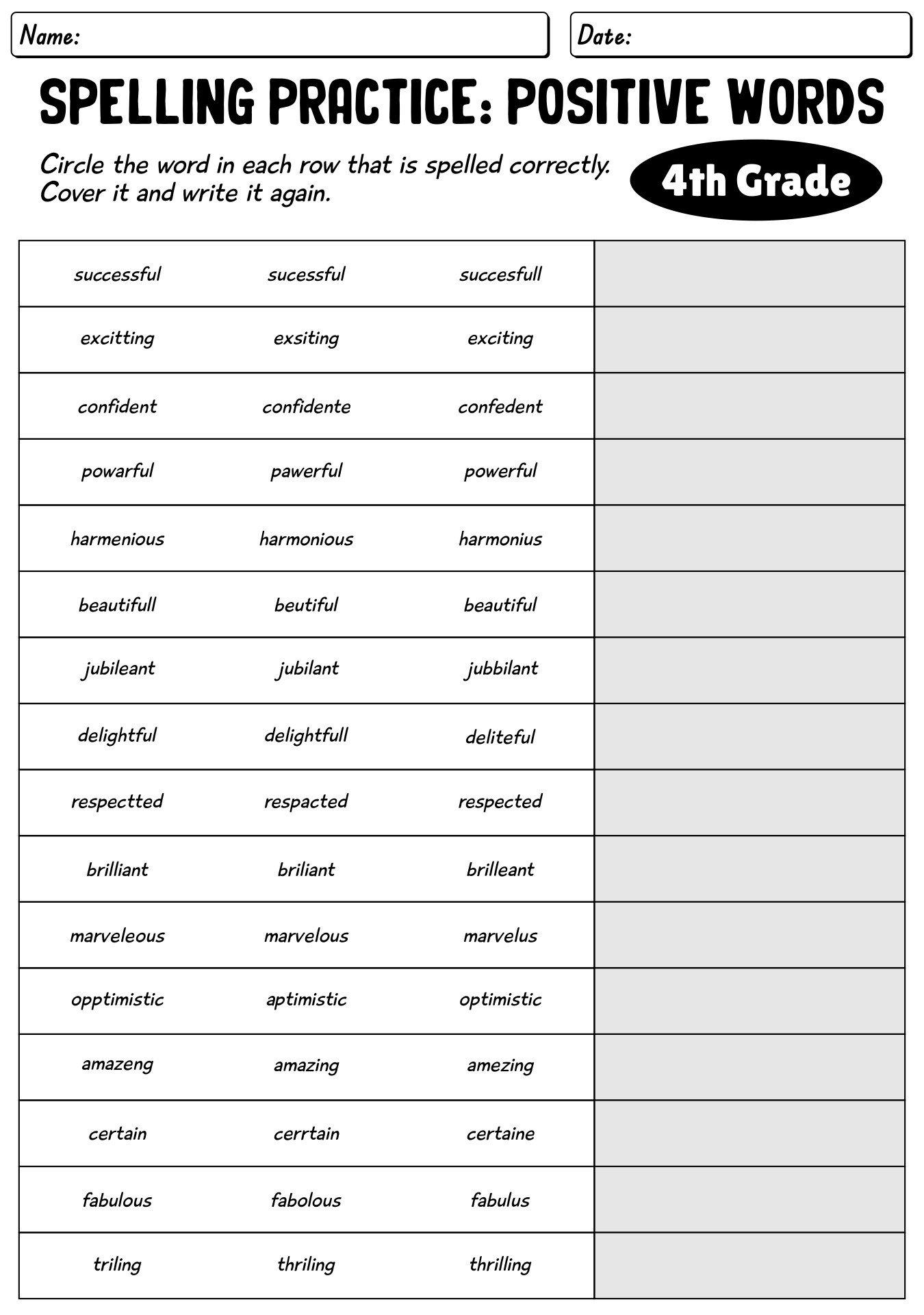 4th Grade Spelling Worksheets Practice