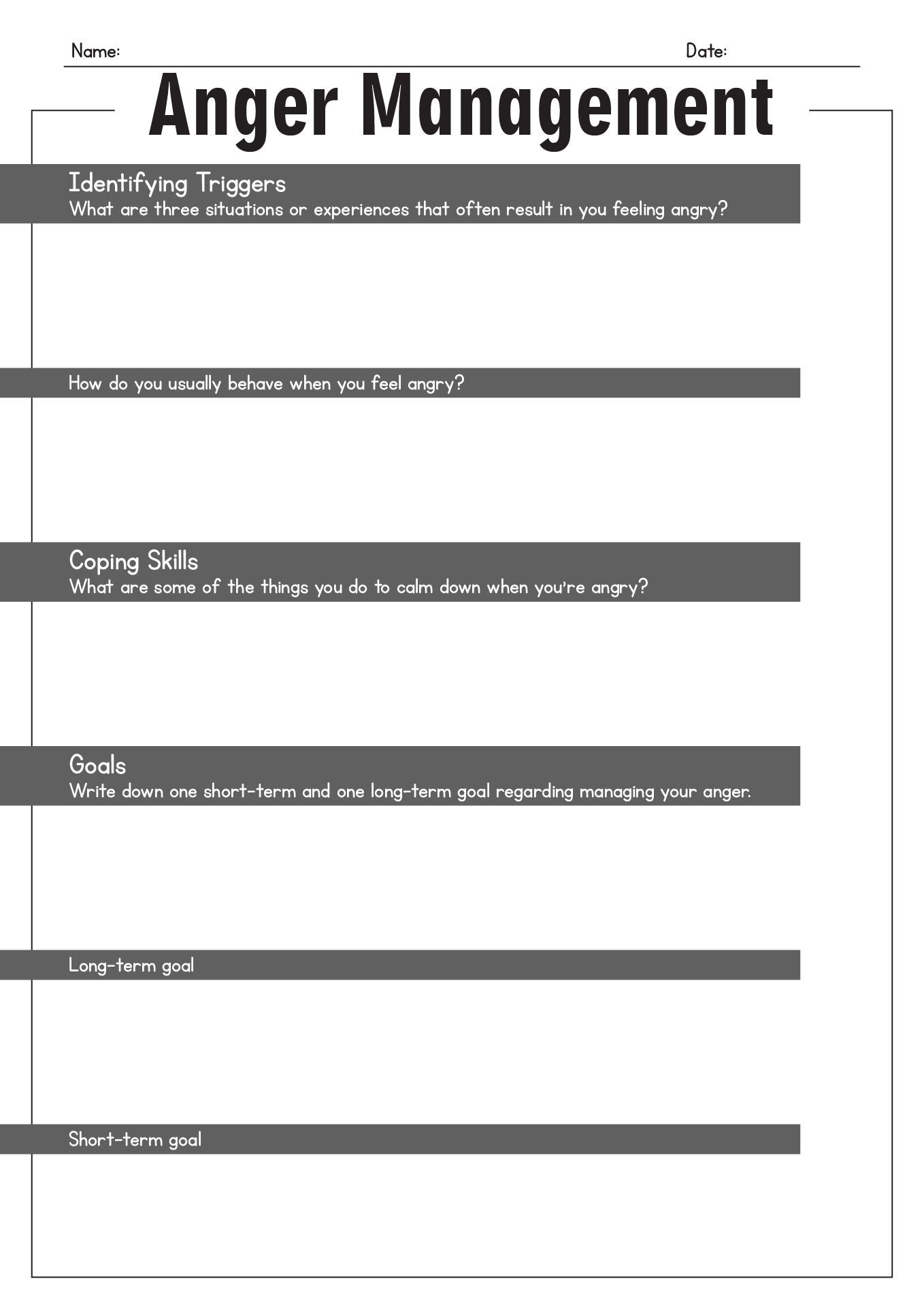 Anger Management for Teens Worksheets