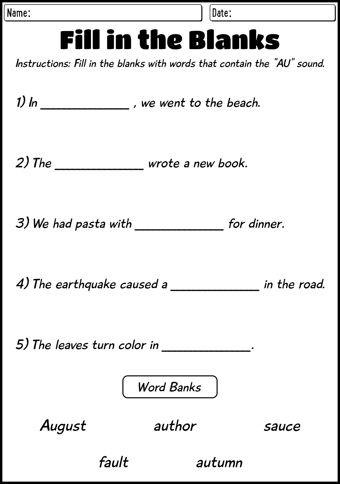 AU Sound Phonics Worksheets