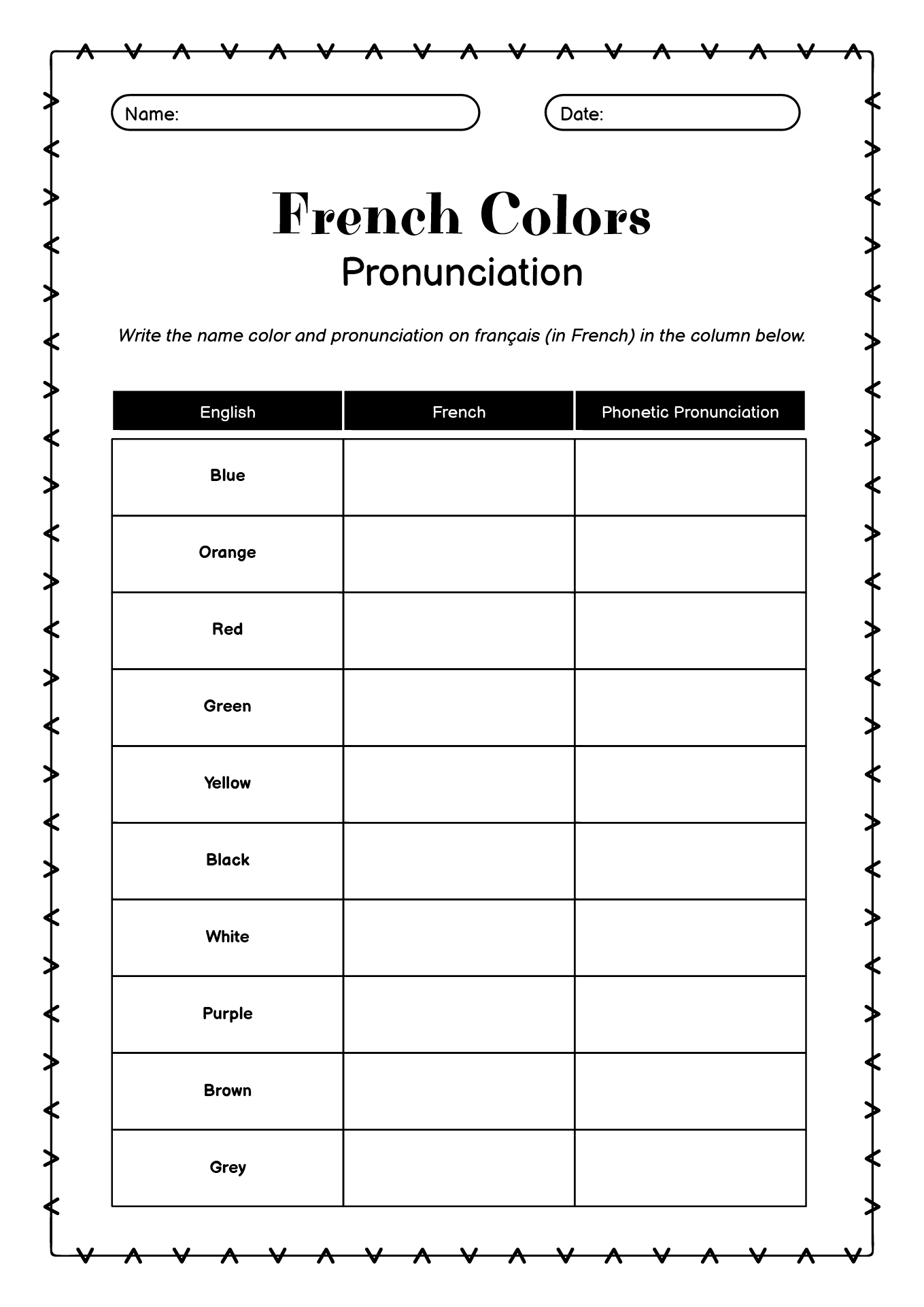 Basic French Colors and Pronunciation Worksheet