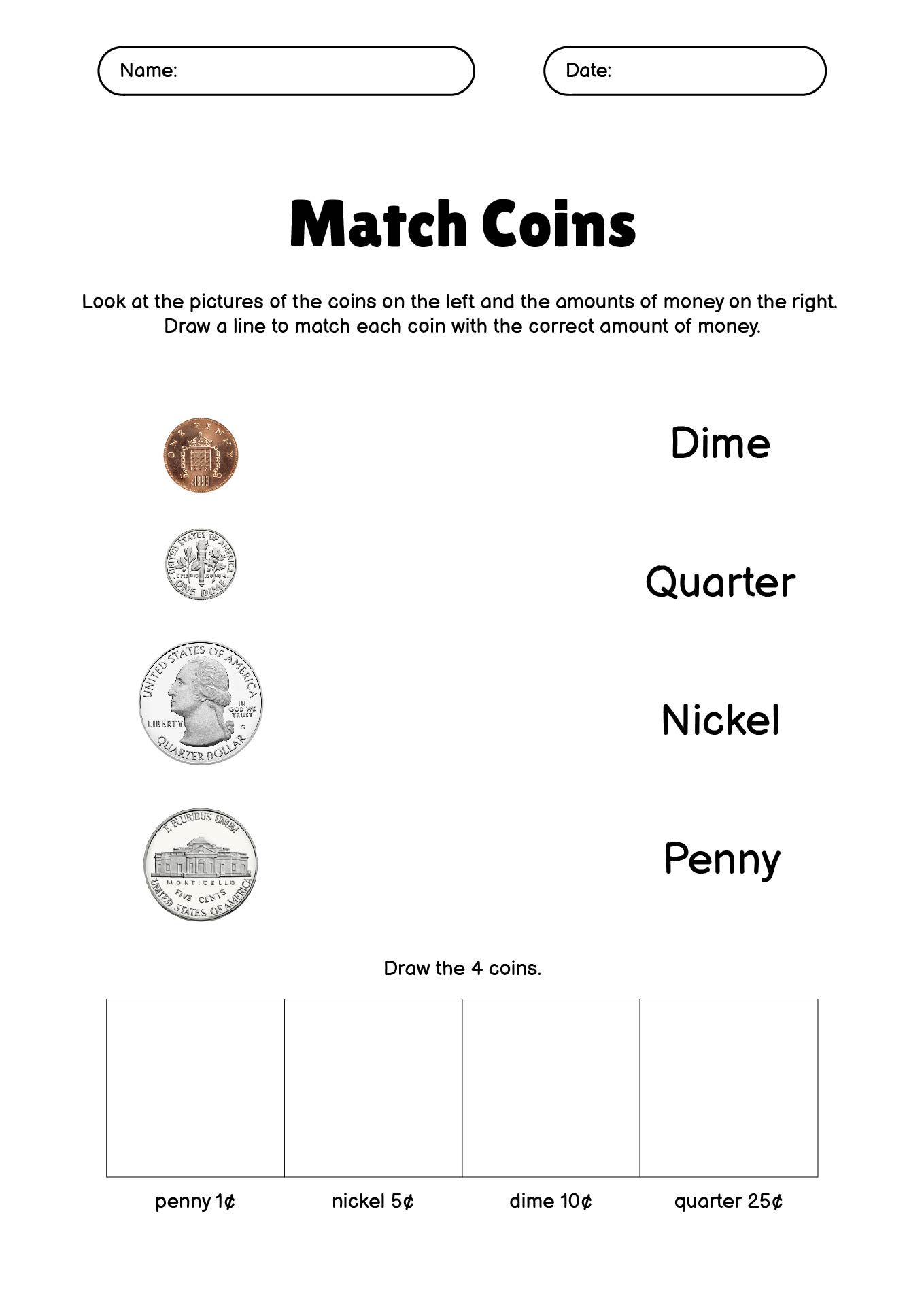 Coin Value Matching Worksheets for First Grade