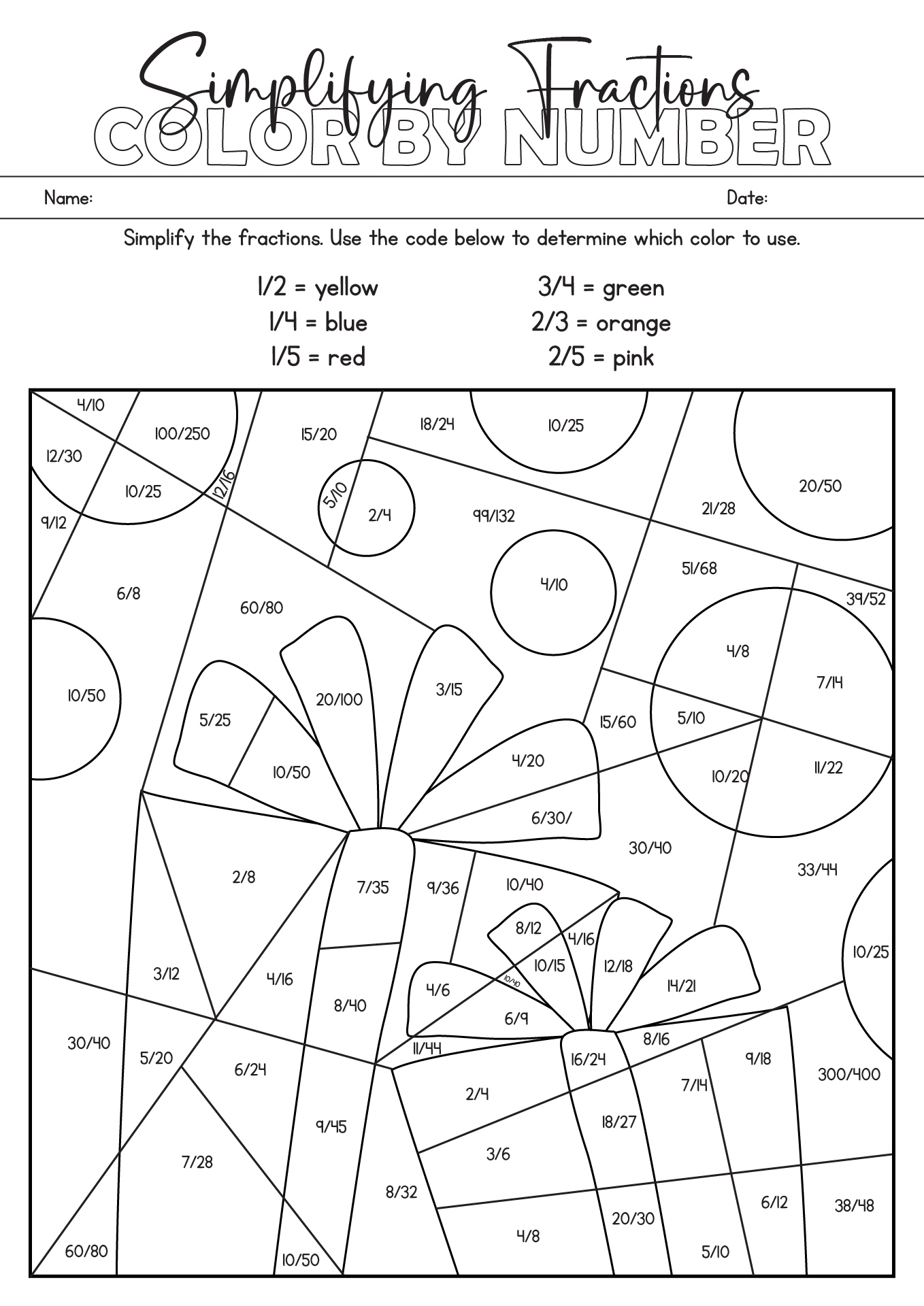 Color by Number Simplifying Fractions Worksheet