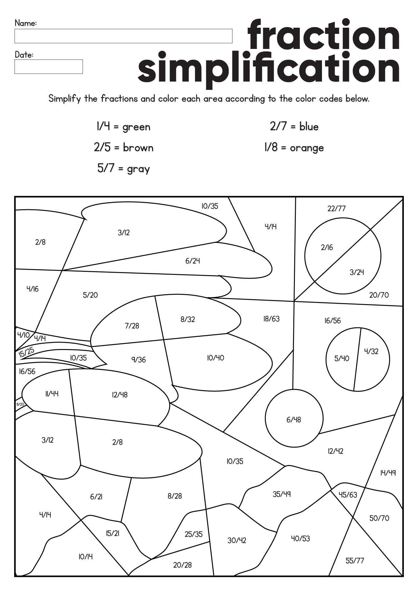 Coloring Worksheet For Learning Fraction Simplification