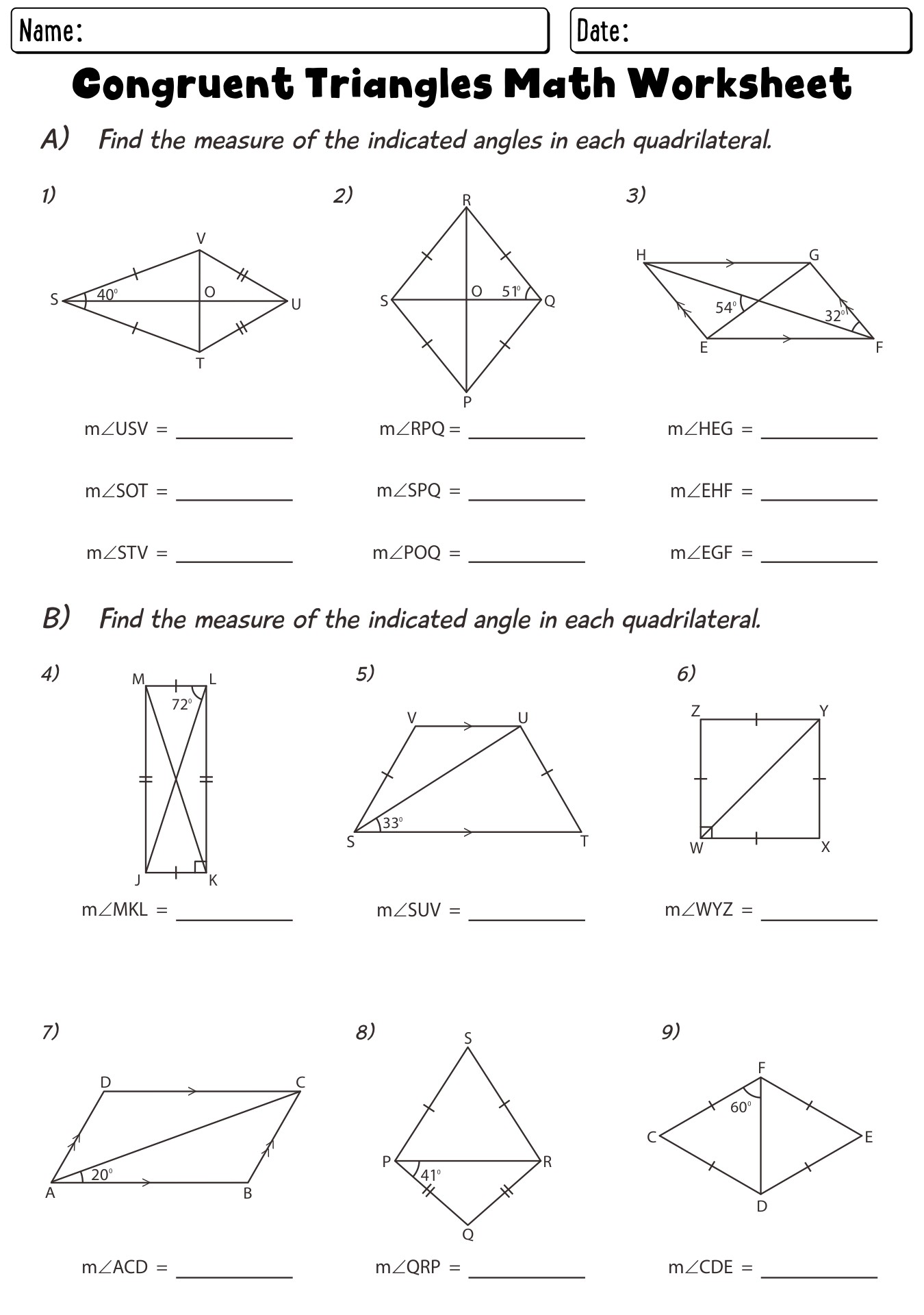 Congruent Triangles Math Worksheets