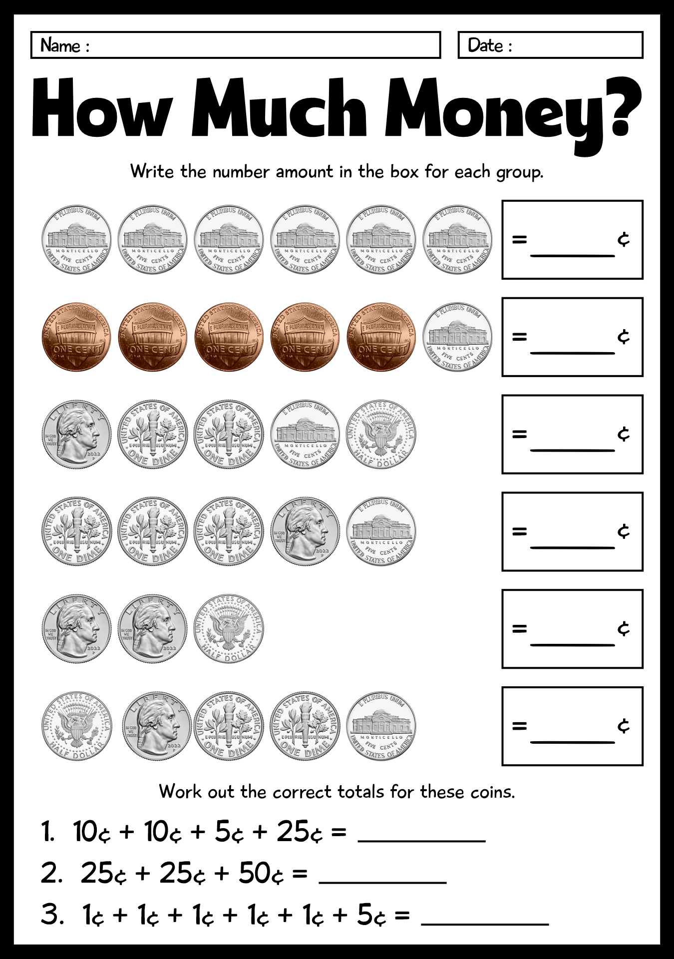 Counting Coins Worksheets for 1st Graders