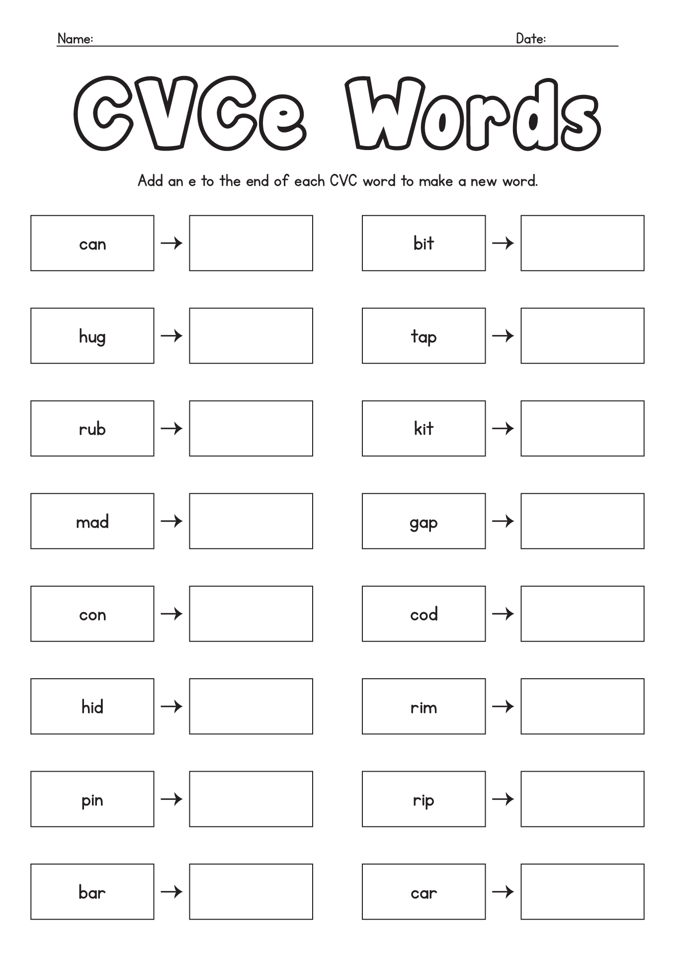 CVCe Pattern Reading Worksheets For 1st Graders