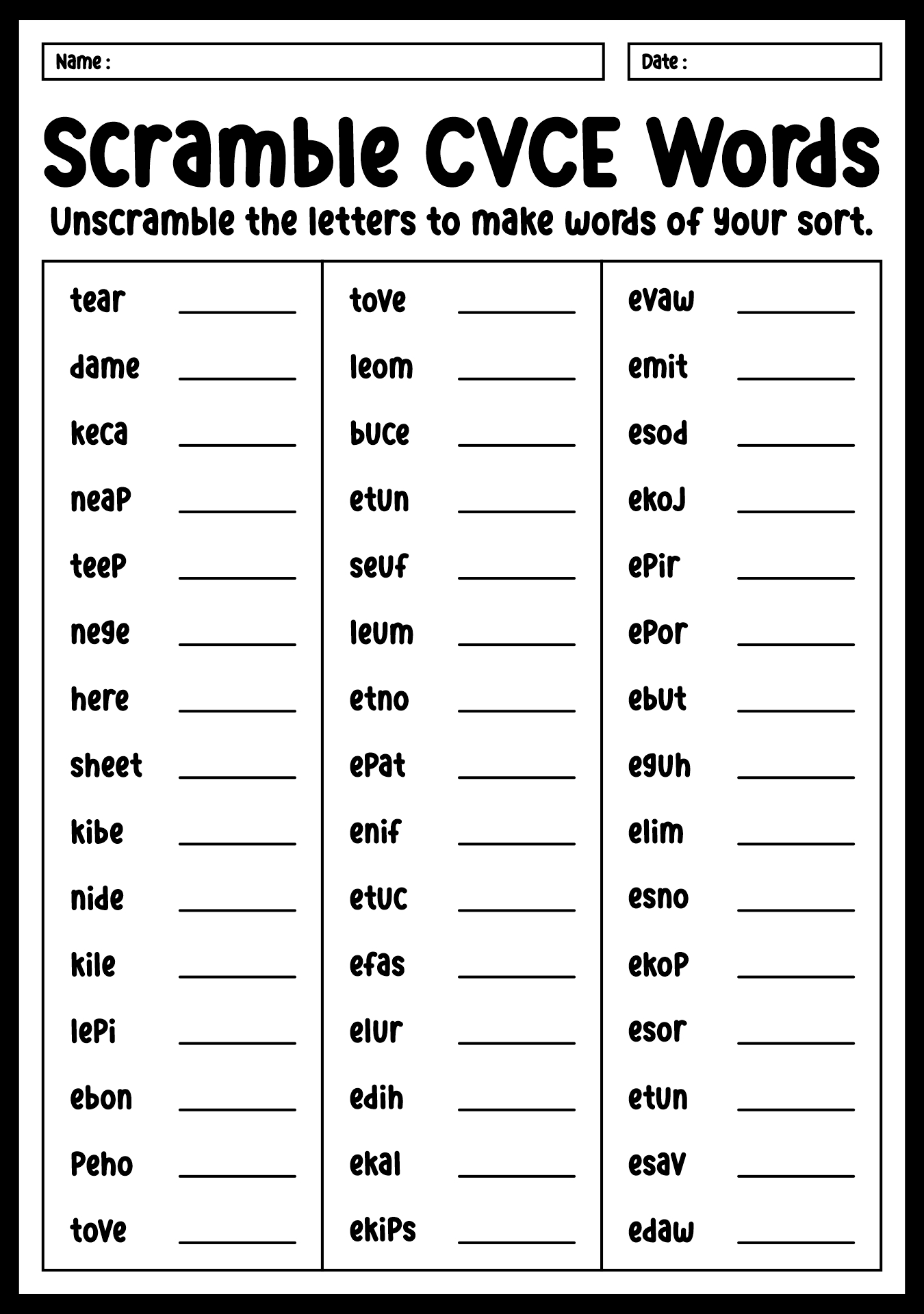 CVCE Scramble Words Worksheets