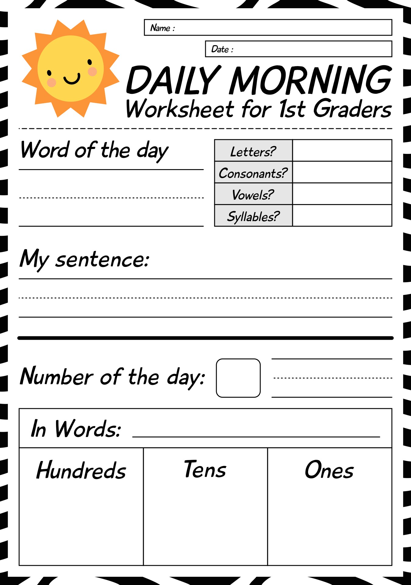 Daily Morning Worksheet for 1st Graders