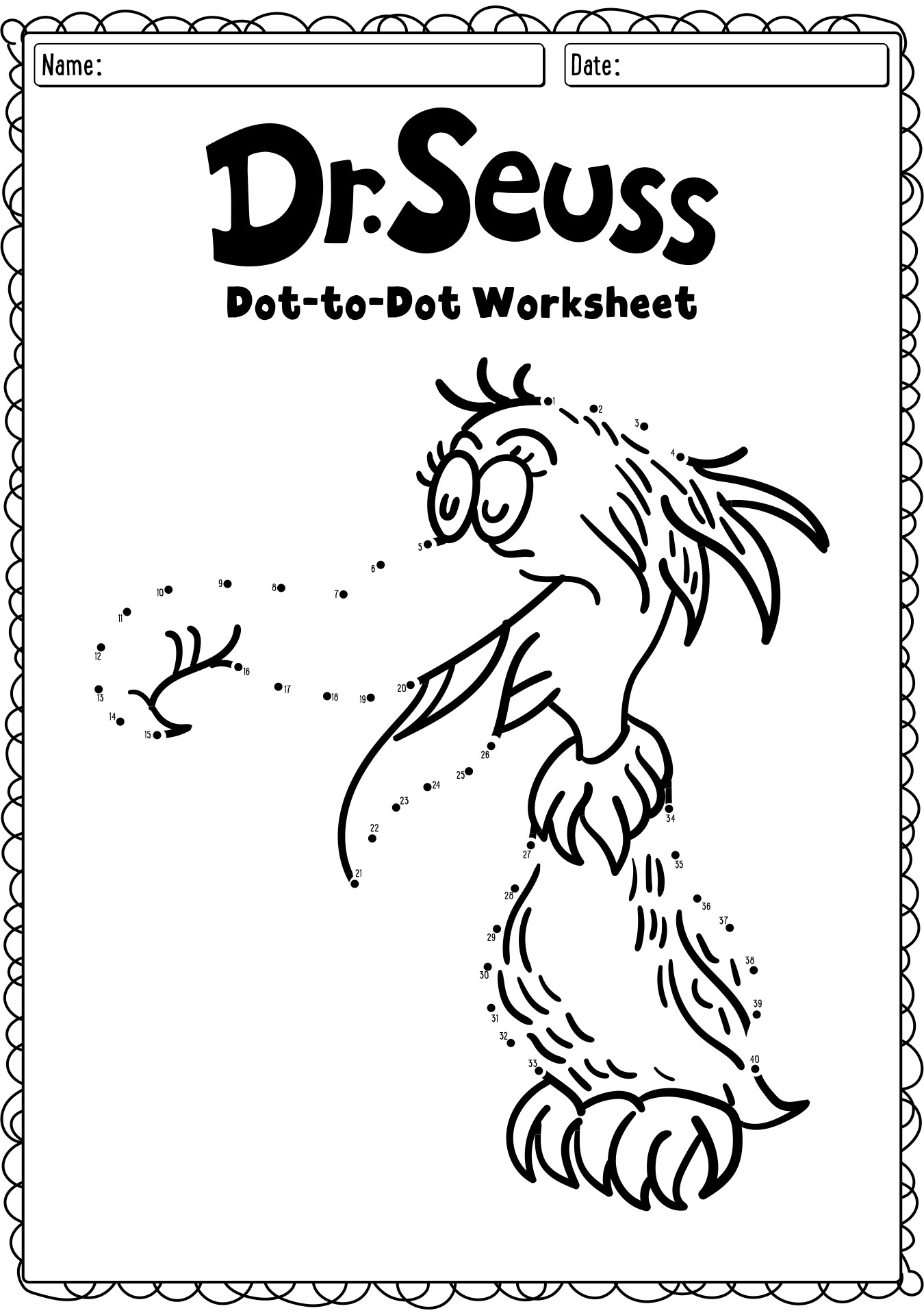 Dr. Seuss Themed Dot To Dot Worksheet