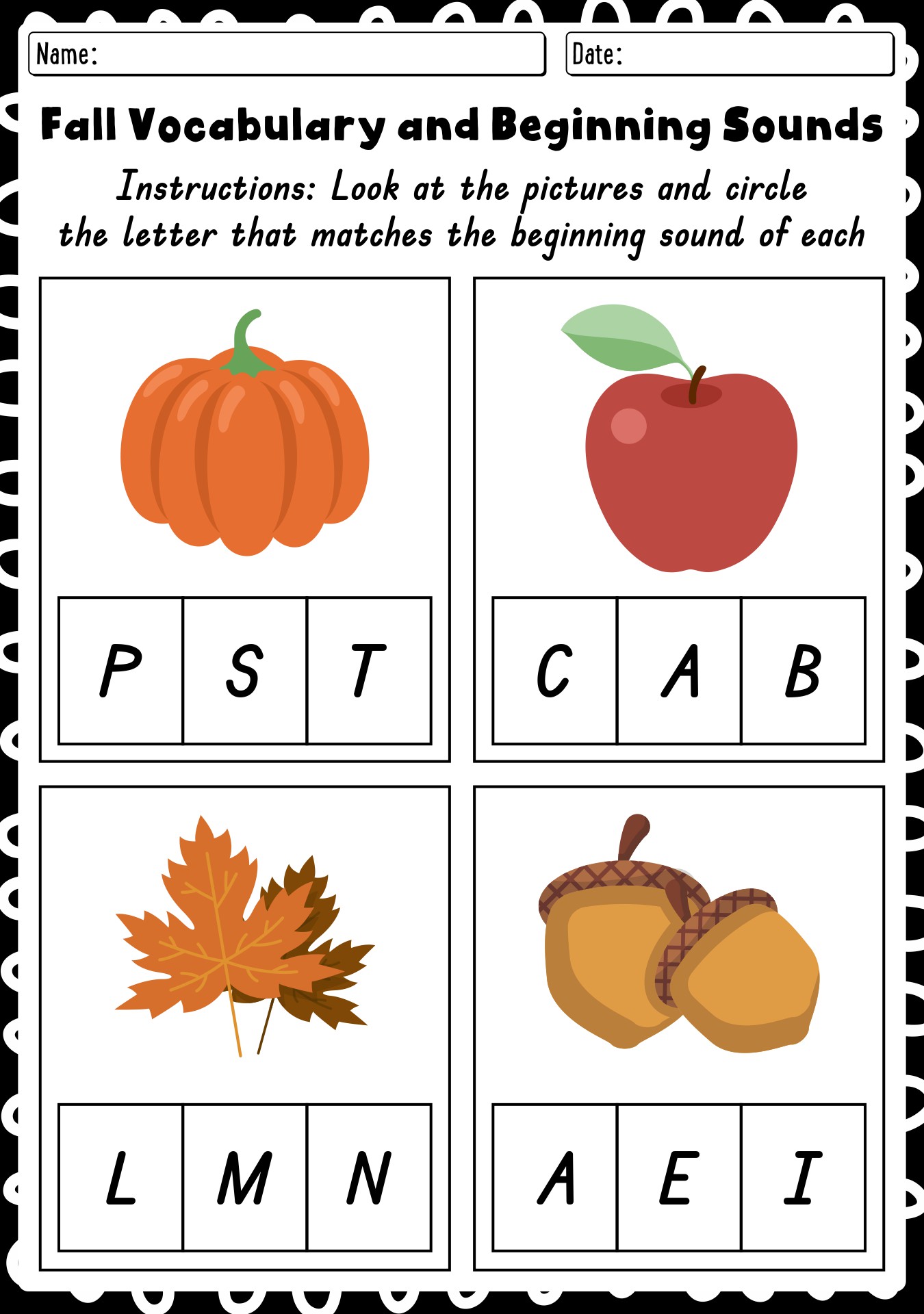 Early Reading Phonics Worksheets For Fall - Kindergarten Level