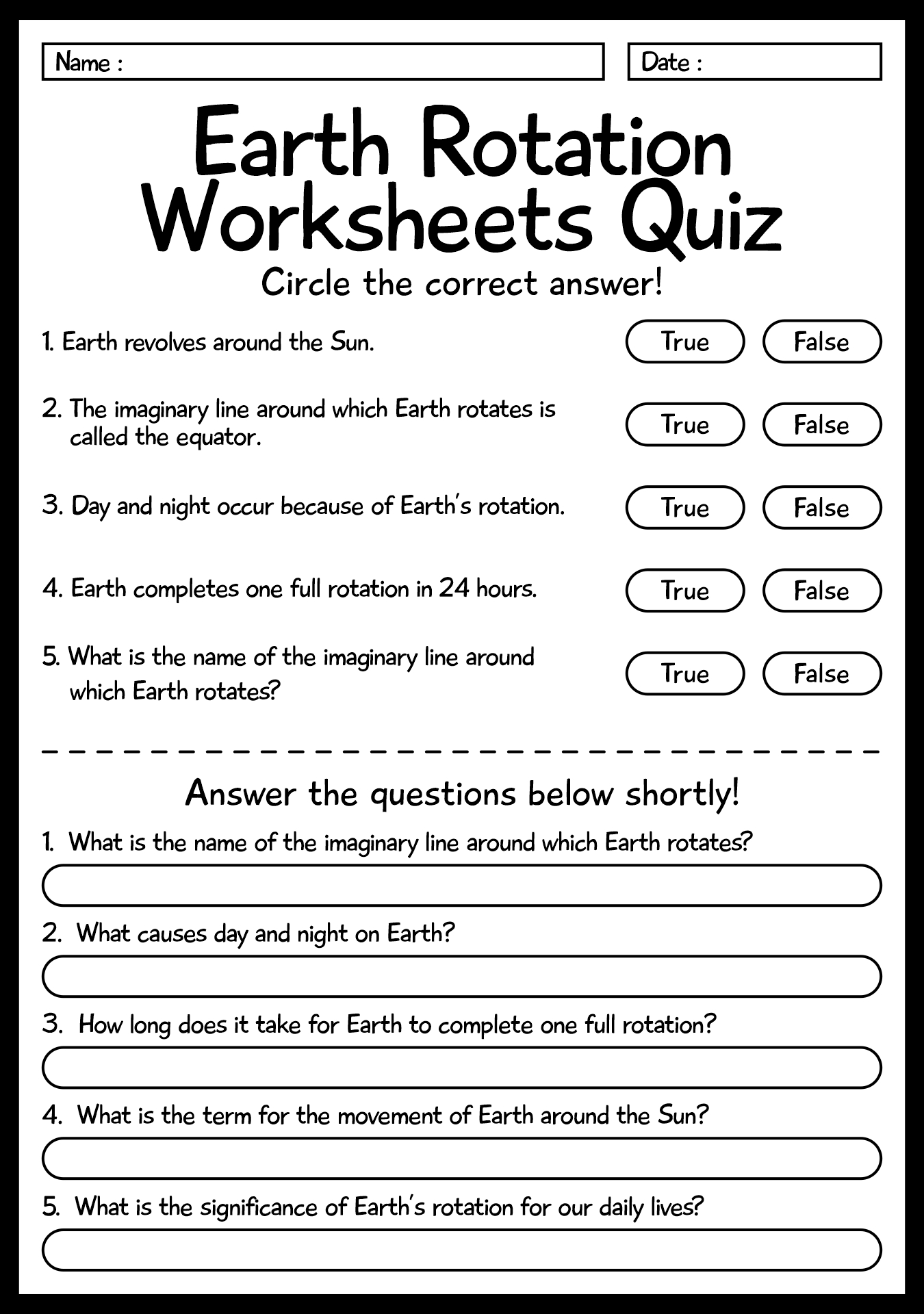 Earth Rotation Worksheets Quiz for 4th Graders