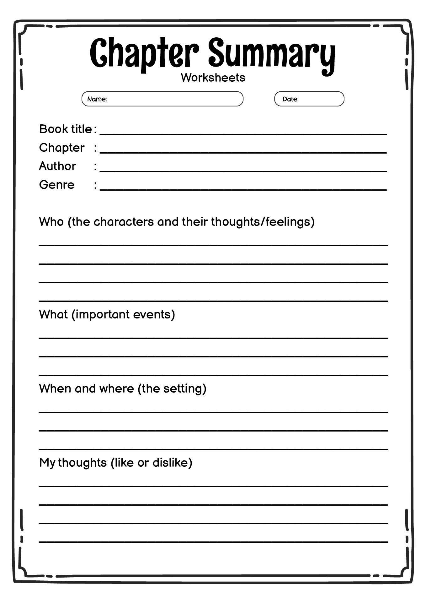 Elementary School Chapter Summary Worksheet