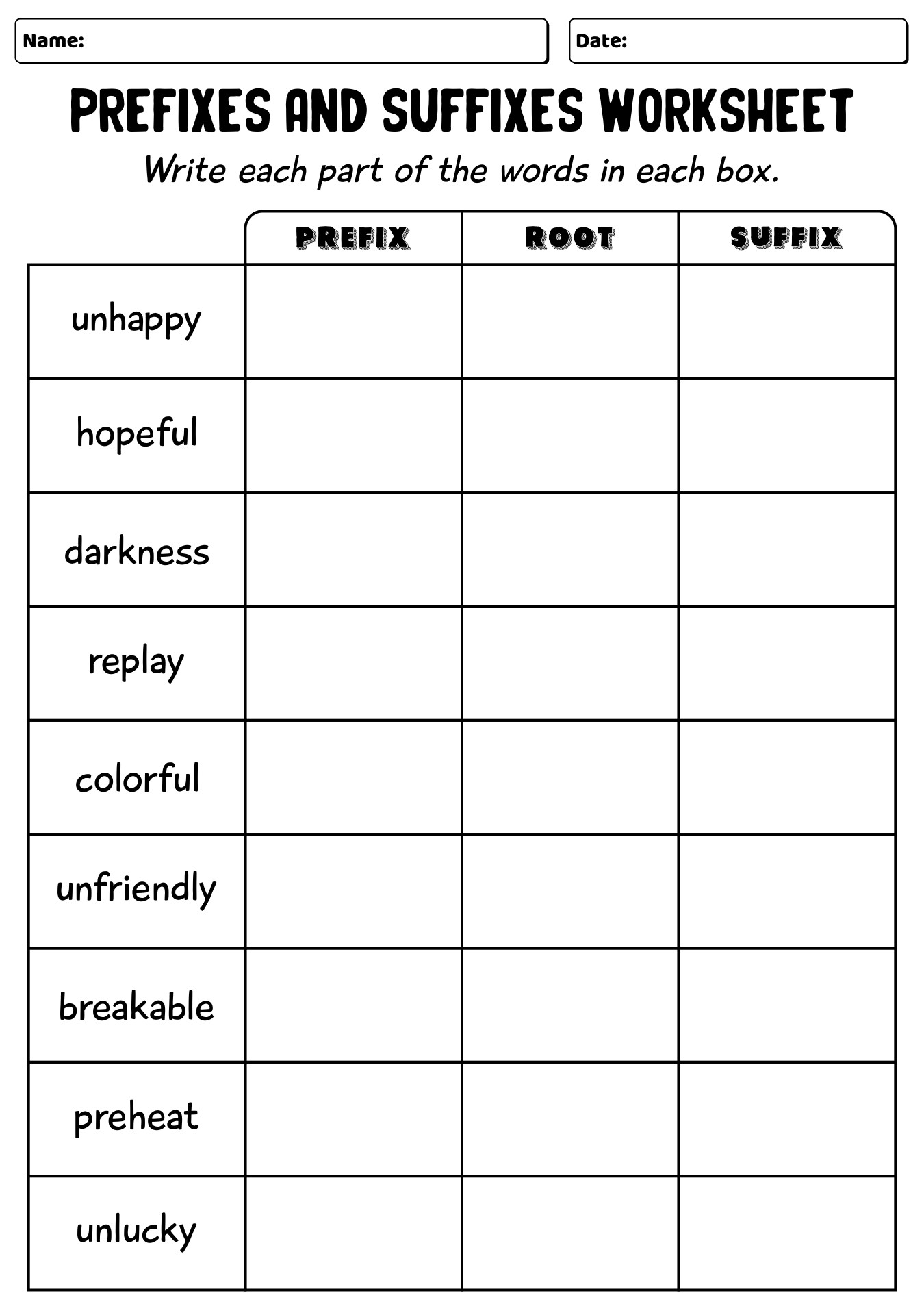 Elementary School Prefix And Suffix Learning Worksheets