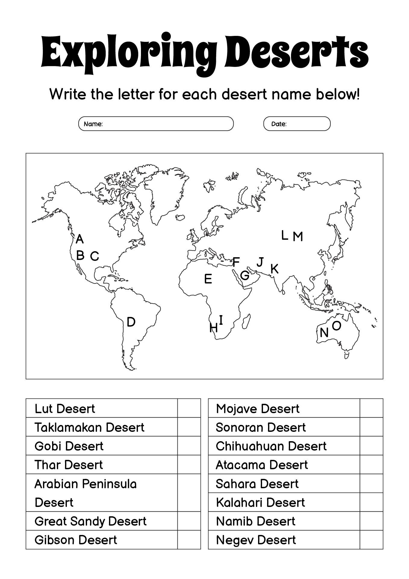 Exploring Deserts: Worksheets for 1st Grade Geography