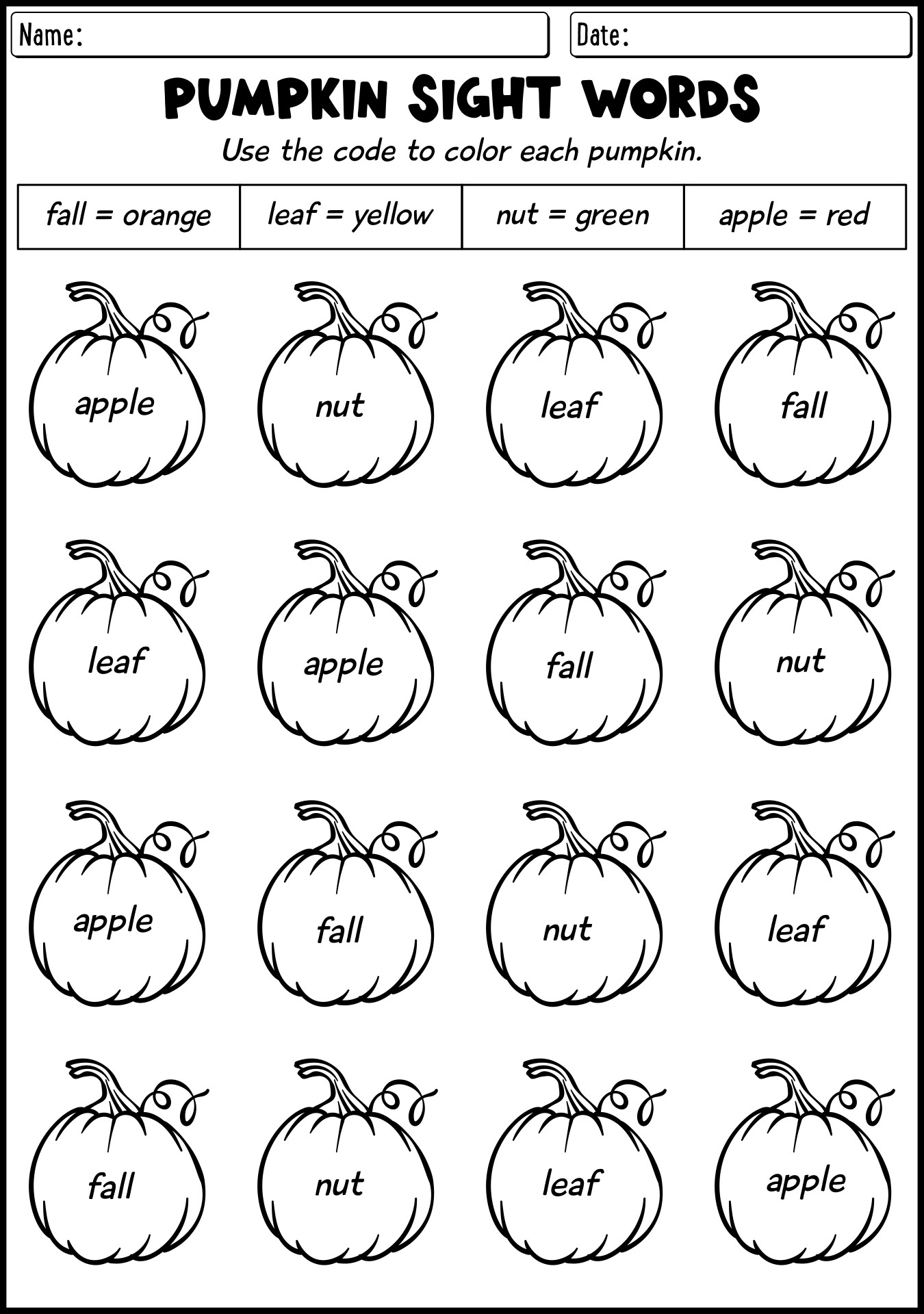 Fall Pumpkin Phonics Worksheets For Kindergarten Students