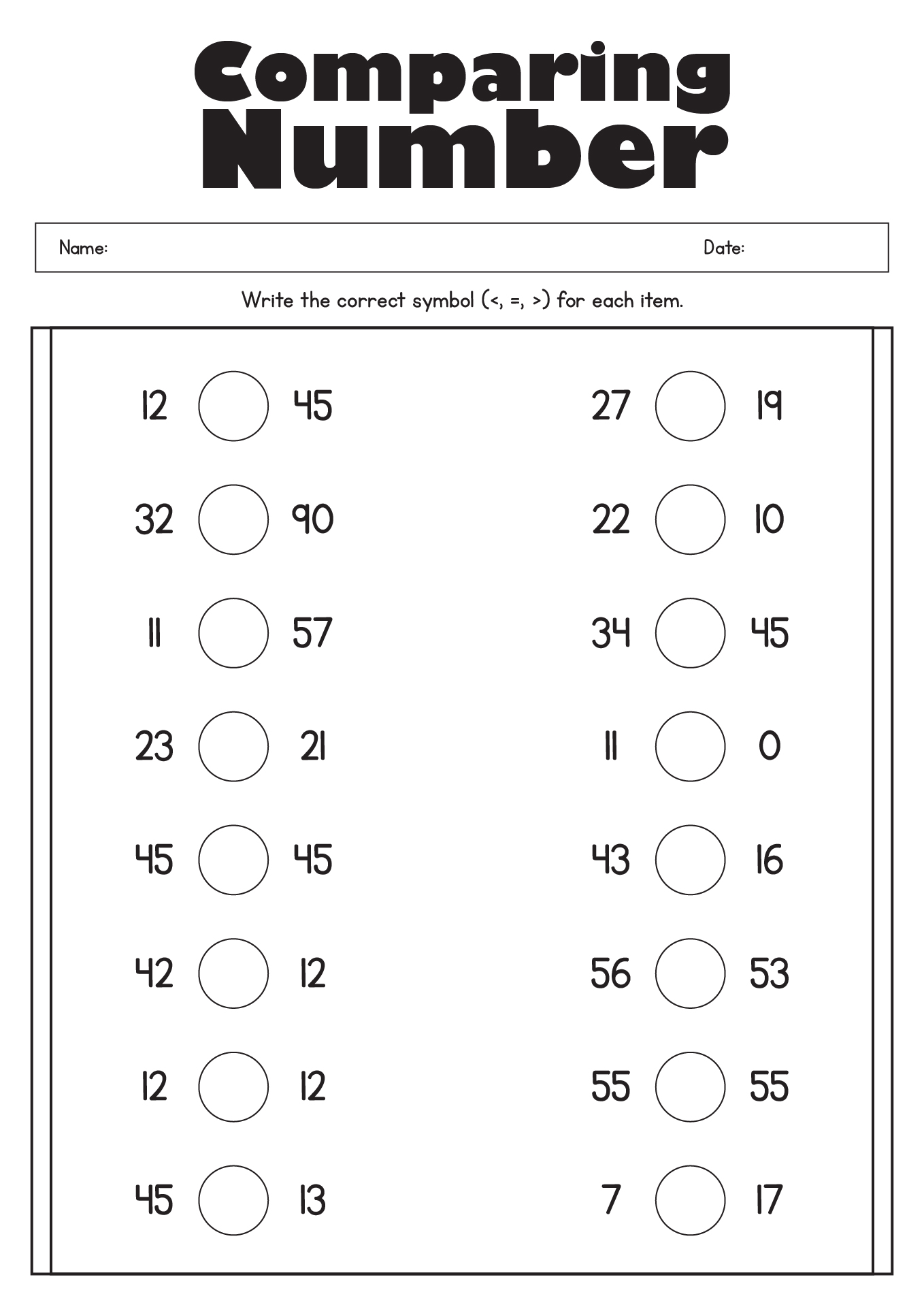 First Grade Comparing Numbers Worksheets