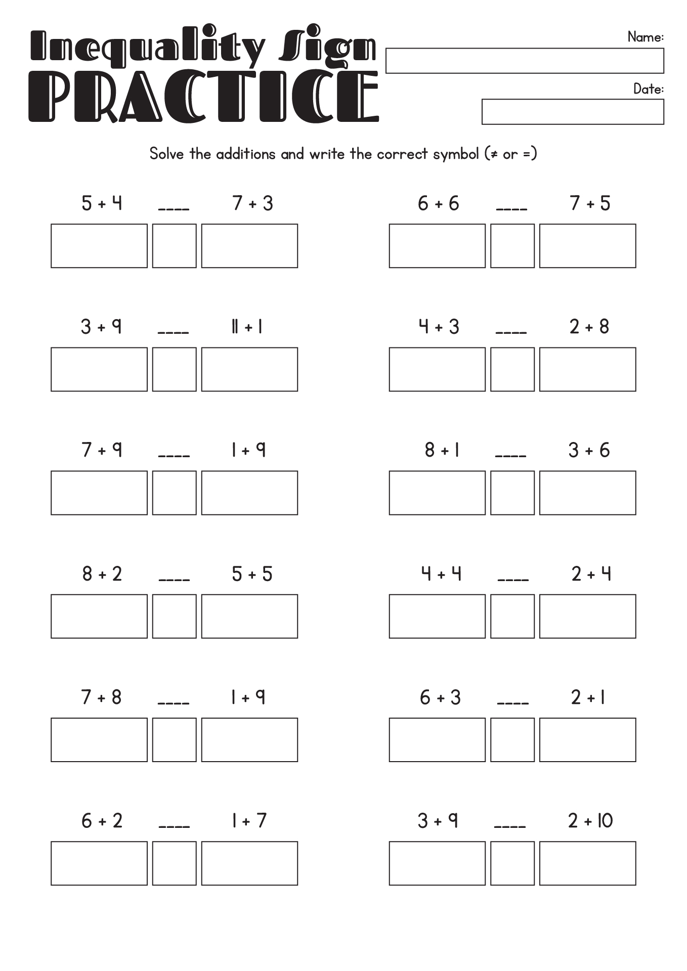 First Grade Math Inequality Signs Practice Sheets