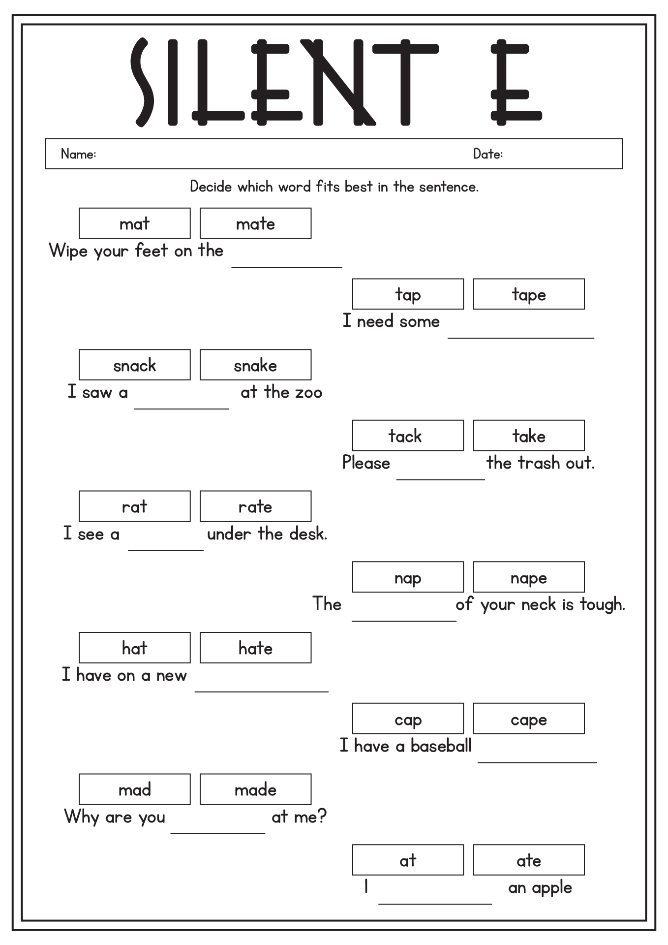 First Grade Silent E Worksheets