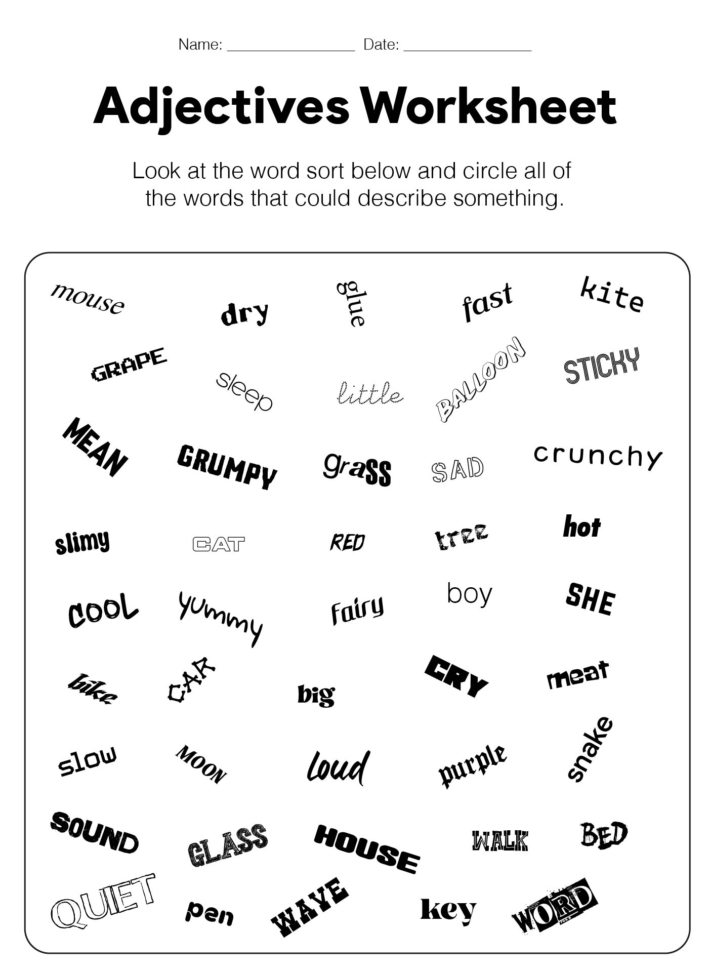 First Grade Worksheets on Adjectives and Descriptions