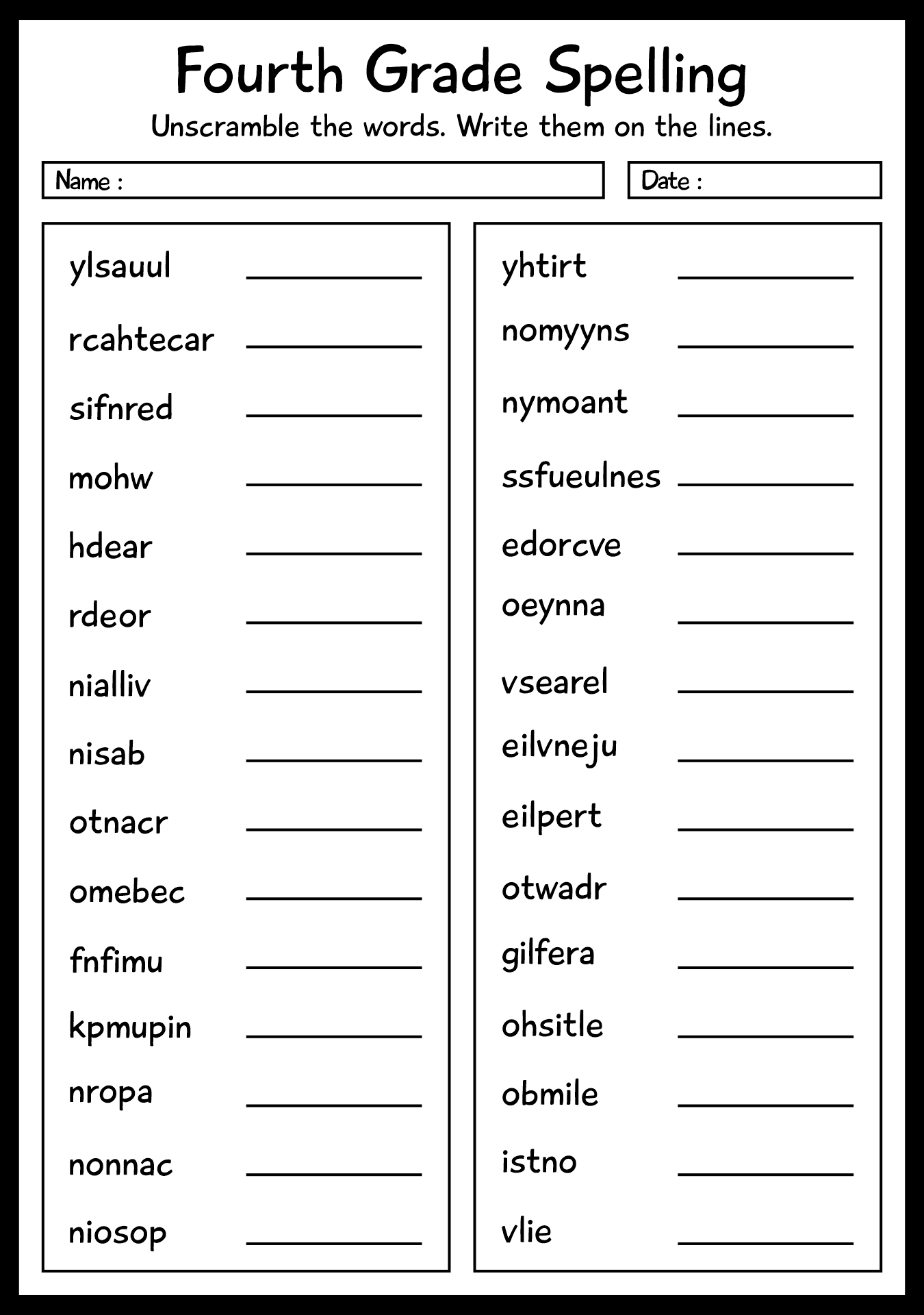 Fourth Grade Spelling Homework Worksheets